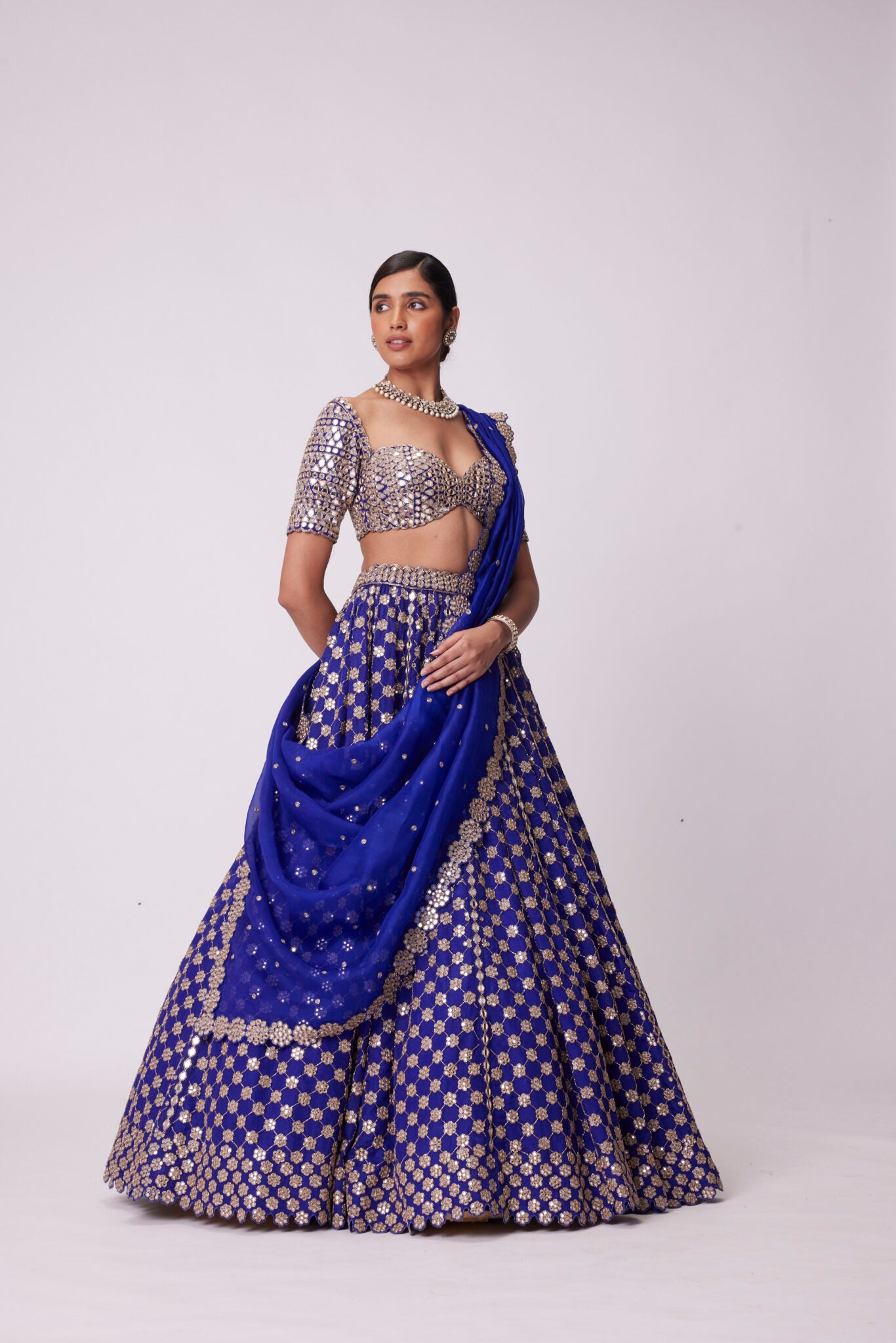 Persian Blue Mirror Flower Embroidered Lehenga Set