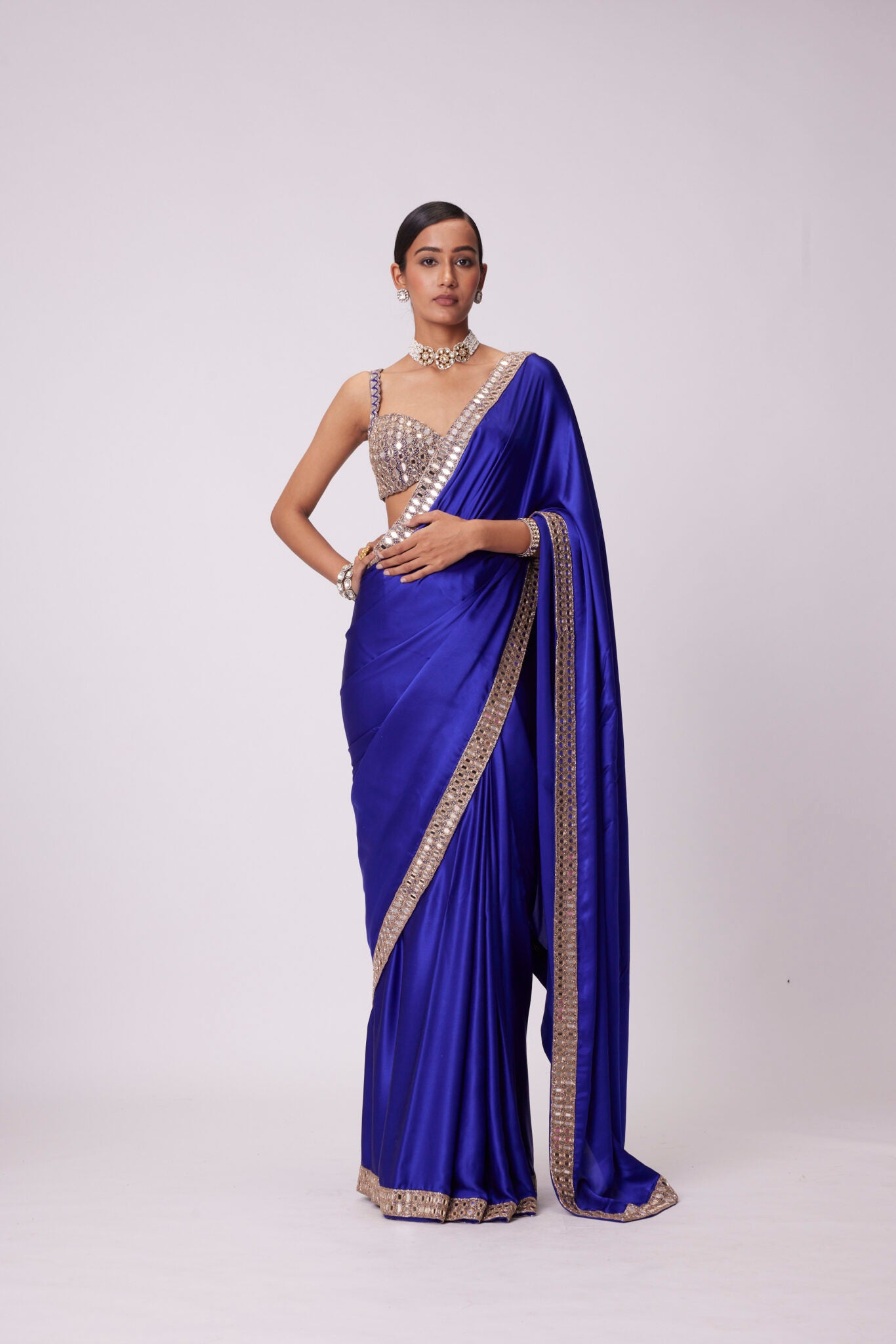 Persian Blue Hand Embroidered Satin Saree Set