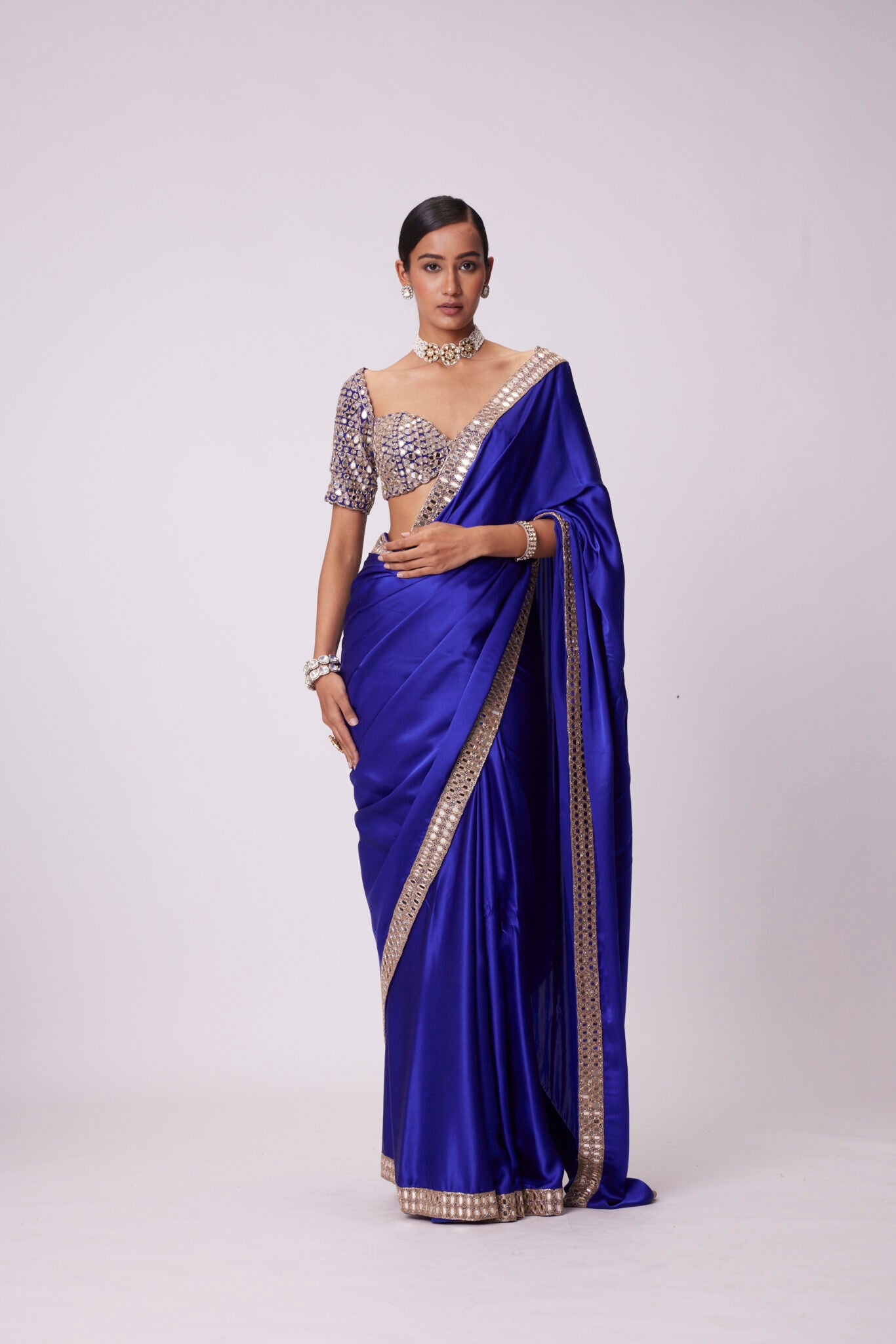 Persian Blue Mirror Embroidered Satin Saree Set