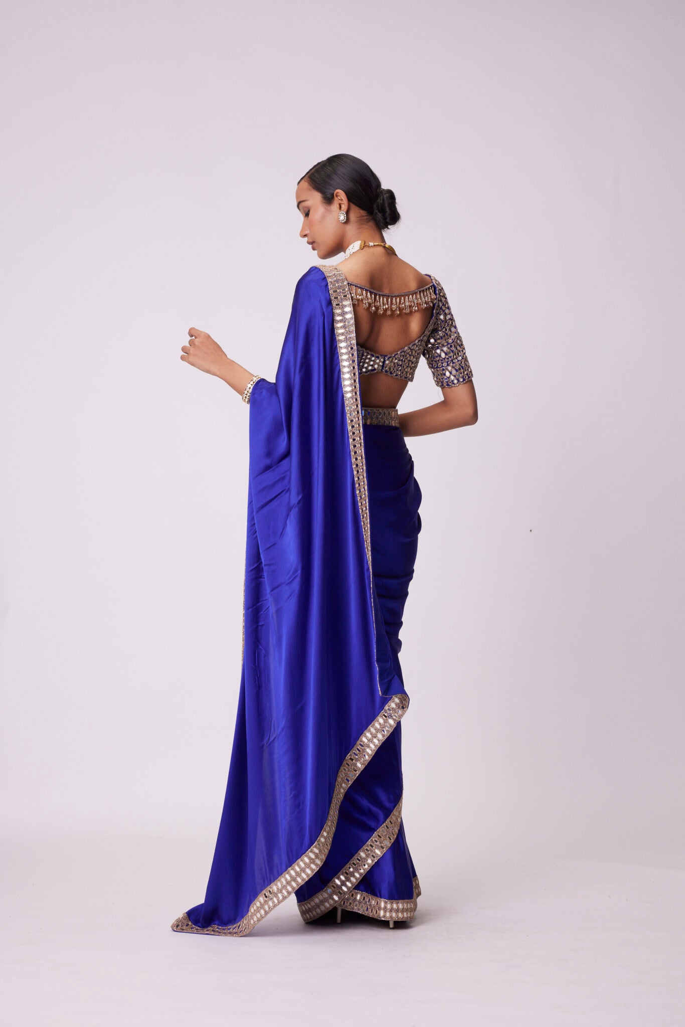 Persian Blue Mirror Embroidered Satin Saree Set