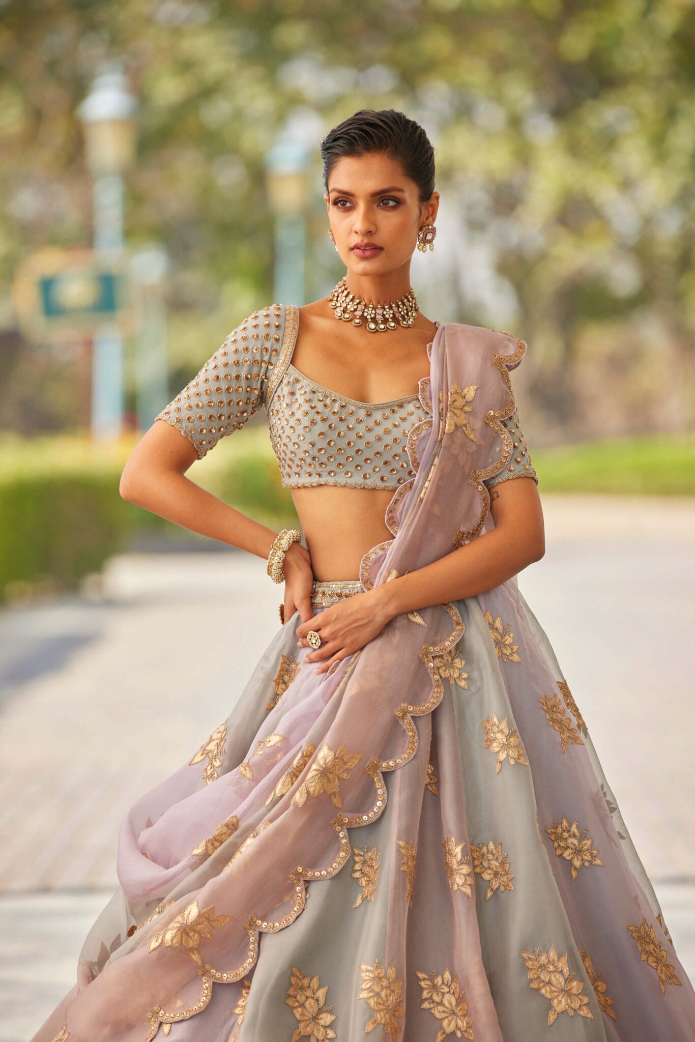 Powder Grey Multicolor Flower Lehenga Set