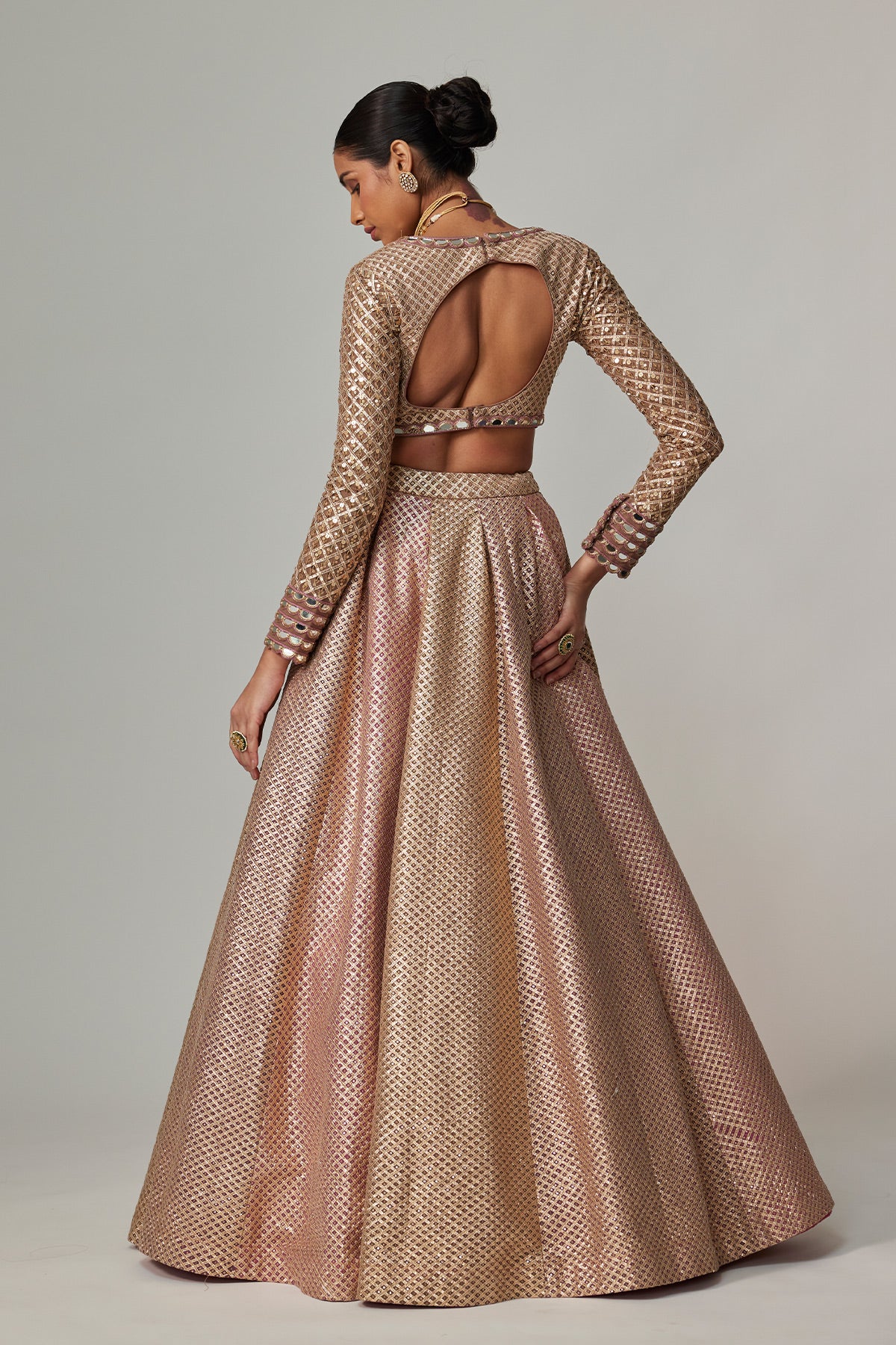 Deep Beige Multicolor V Neck Crop Top With Skirt