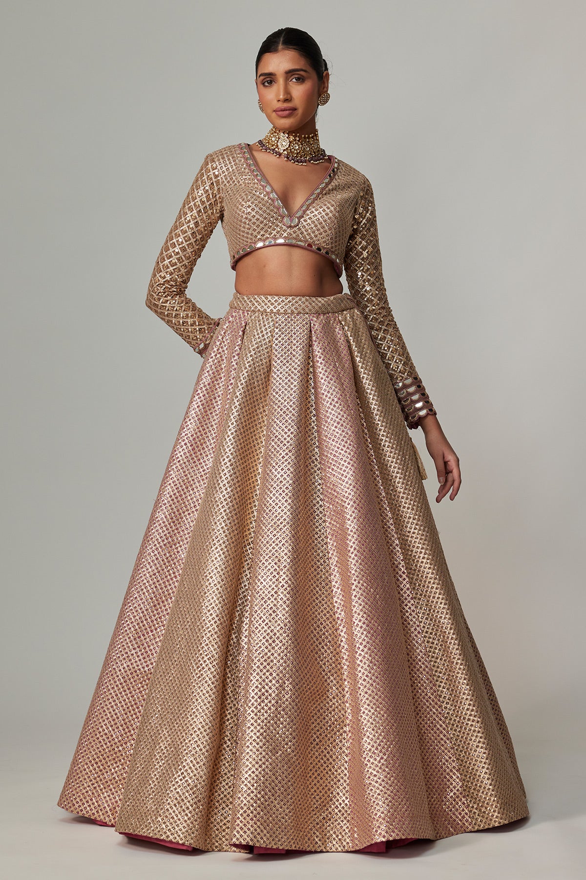 Deep Beige Multicolor V Neck Crop Top With Skirt