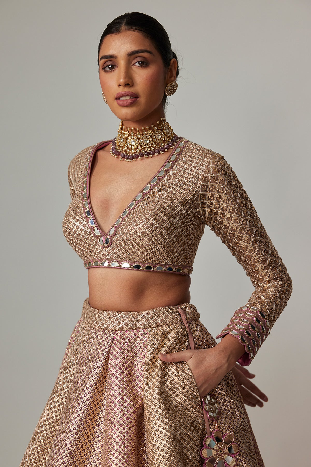 Deep Beige Multicolor V Neck Crop Top With Skirt