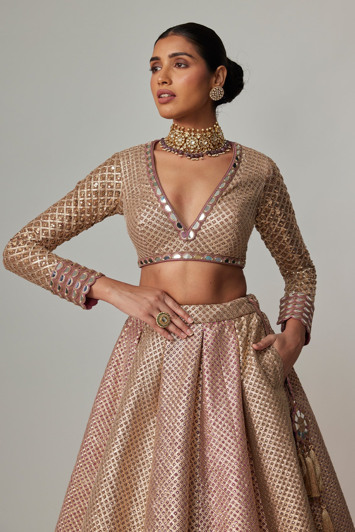 Deep Beige Multicolor V Neck Crop Top With Skirt