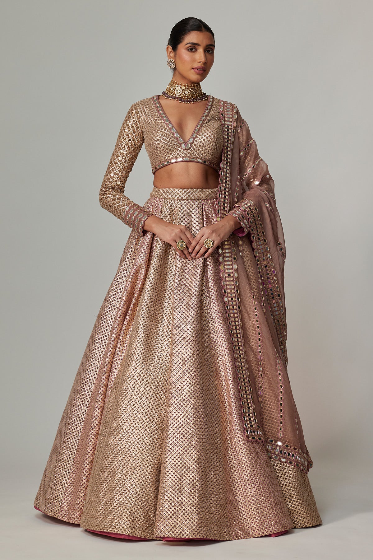 Deep Beige Multicolor Skirt With V Neck Full Sleeve Blouse