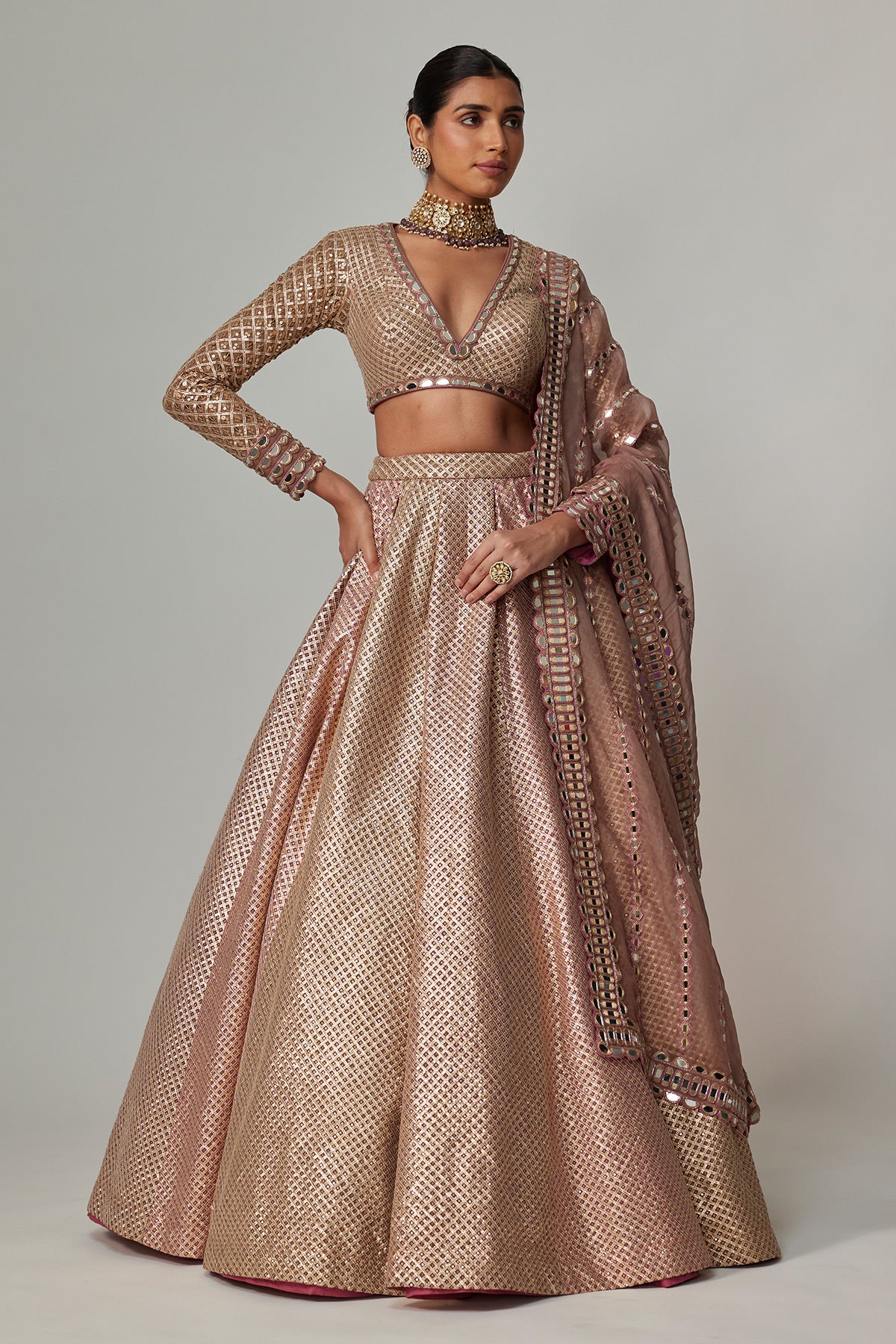 Deep Beige Multicolor Skirt With V Neck Full Sleeve Blouse