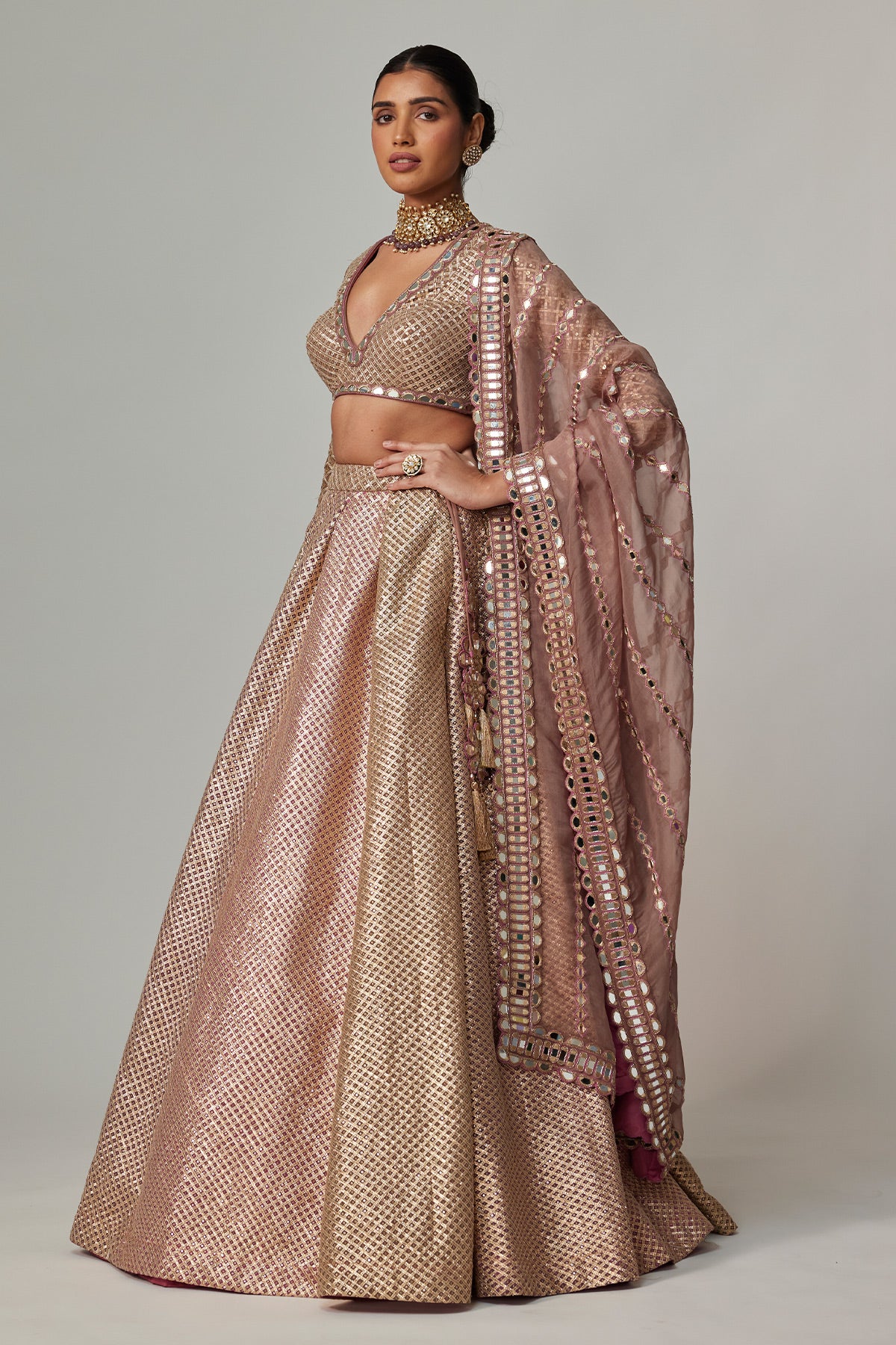 Deep Beige Multicolor Skirt With V Neck Full Sleeve Blouse