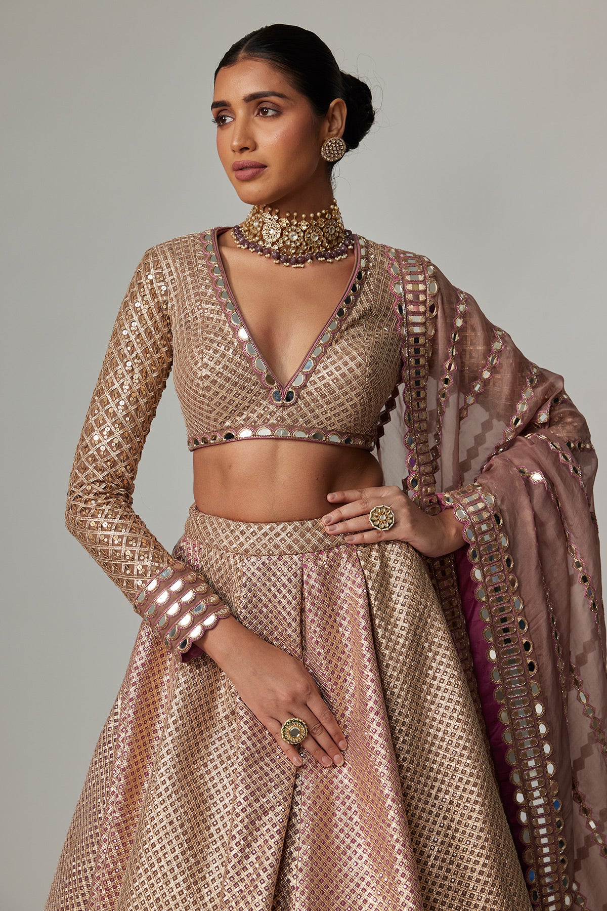 Deep Beige Multicolor Skirt With V Neck Full Sleeve Blouse