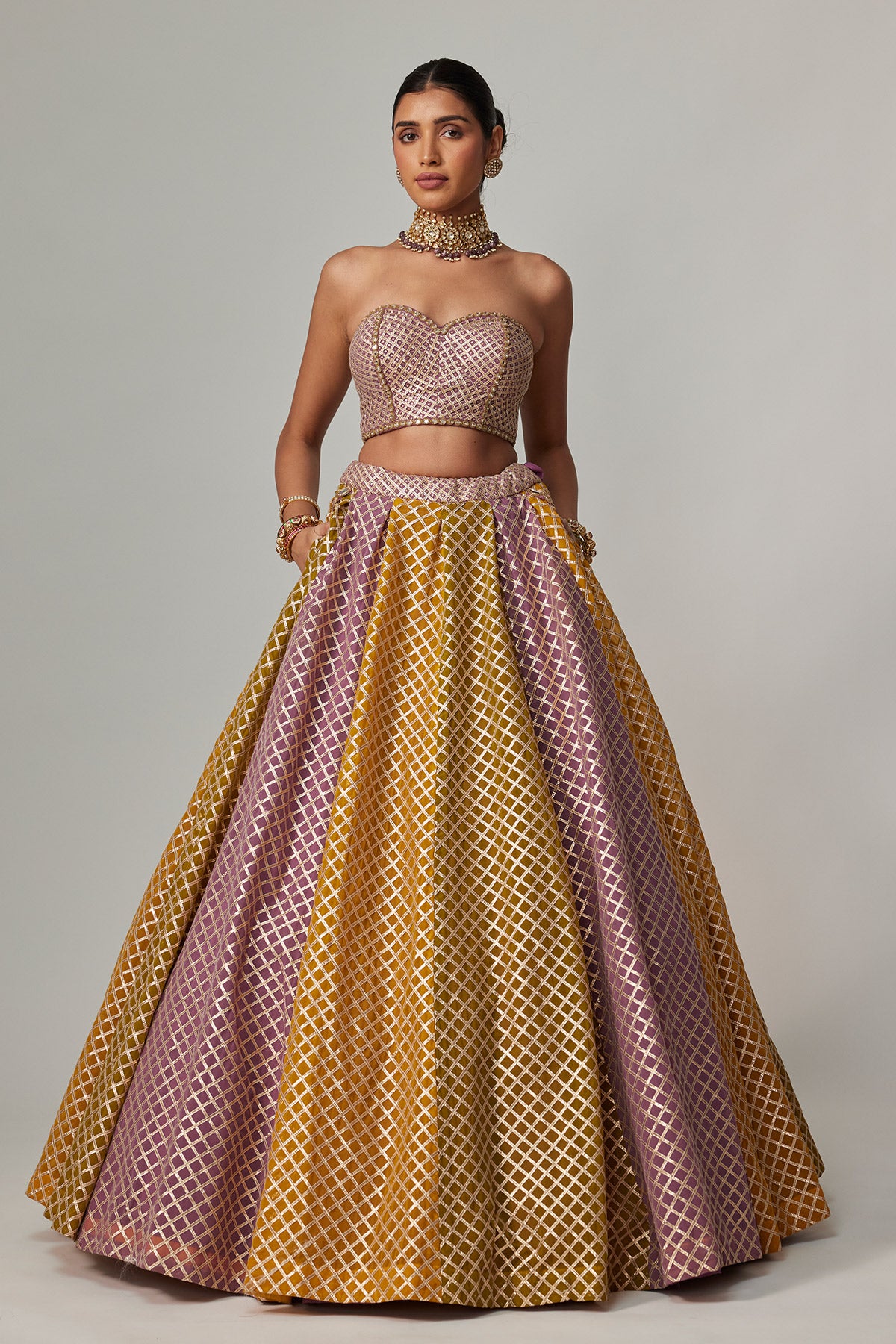 Mustard Multicolor Corset Skirt Set