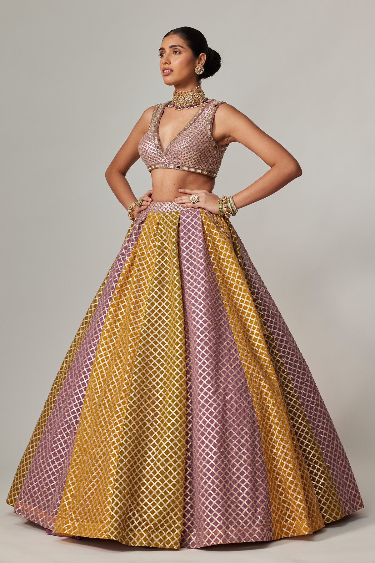 Mustard Multicolor Crop Top With Skirt