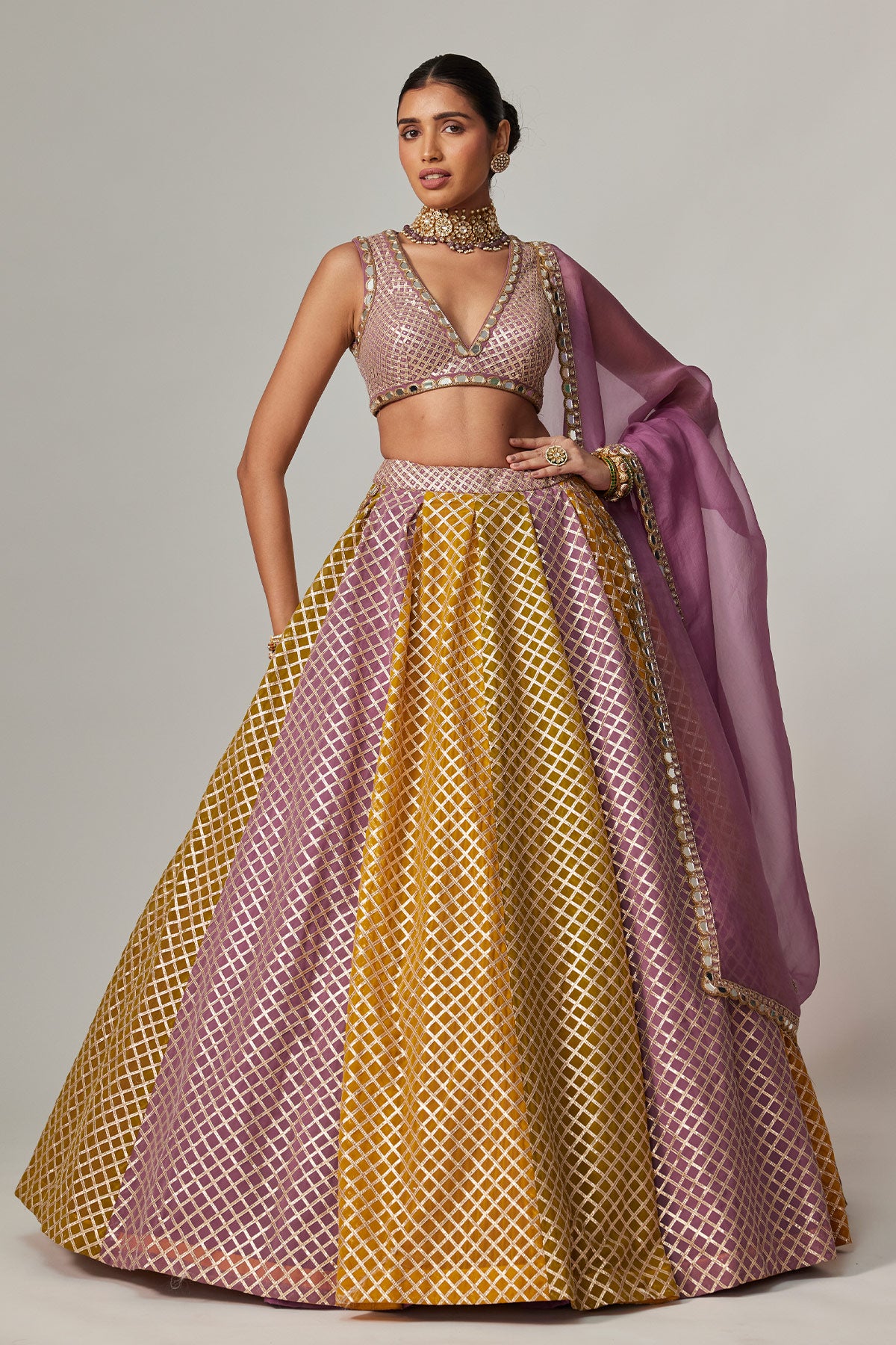 Mustard Multicolor Crop Top With Dupatta
