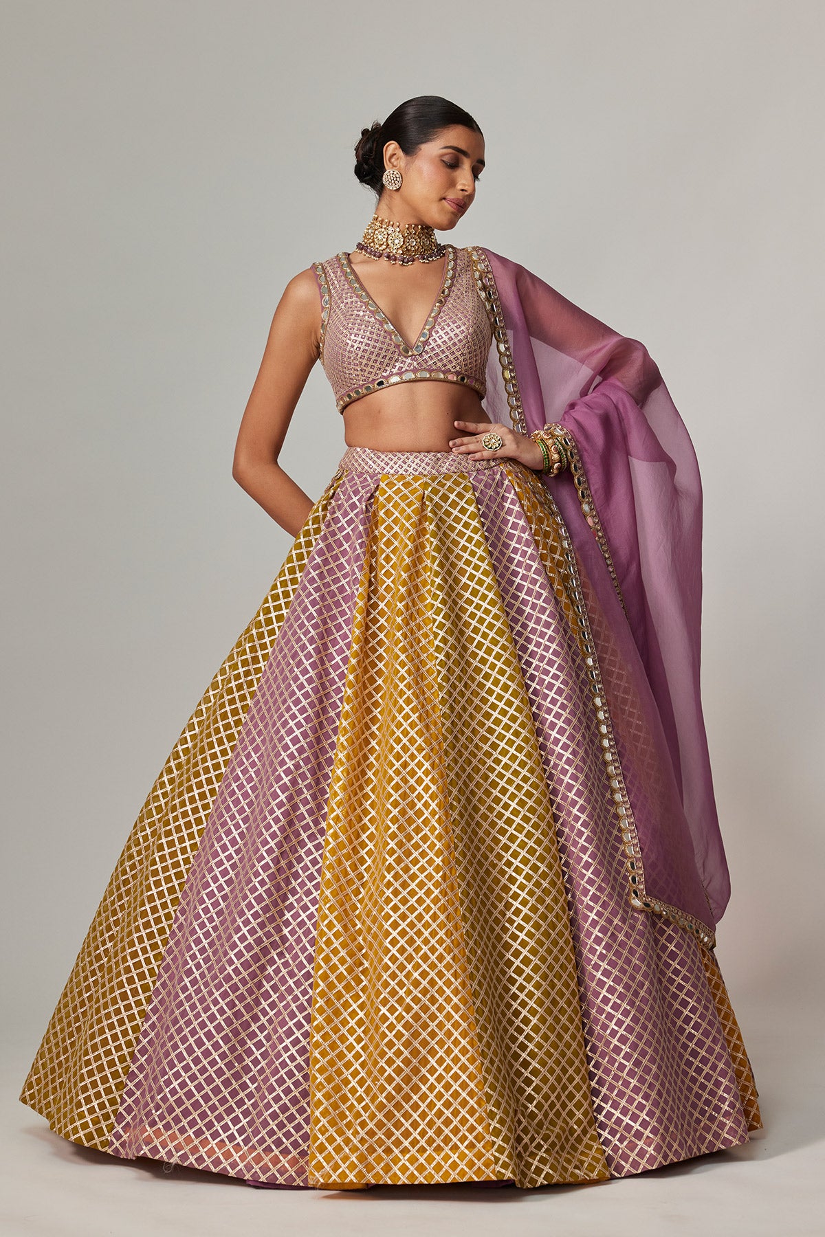Mustard Multicolor Crop Top With Dupatta