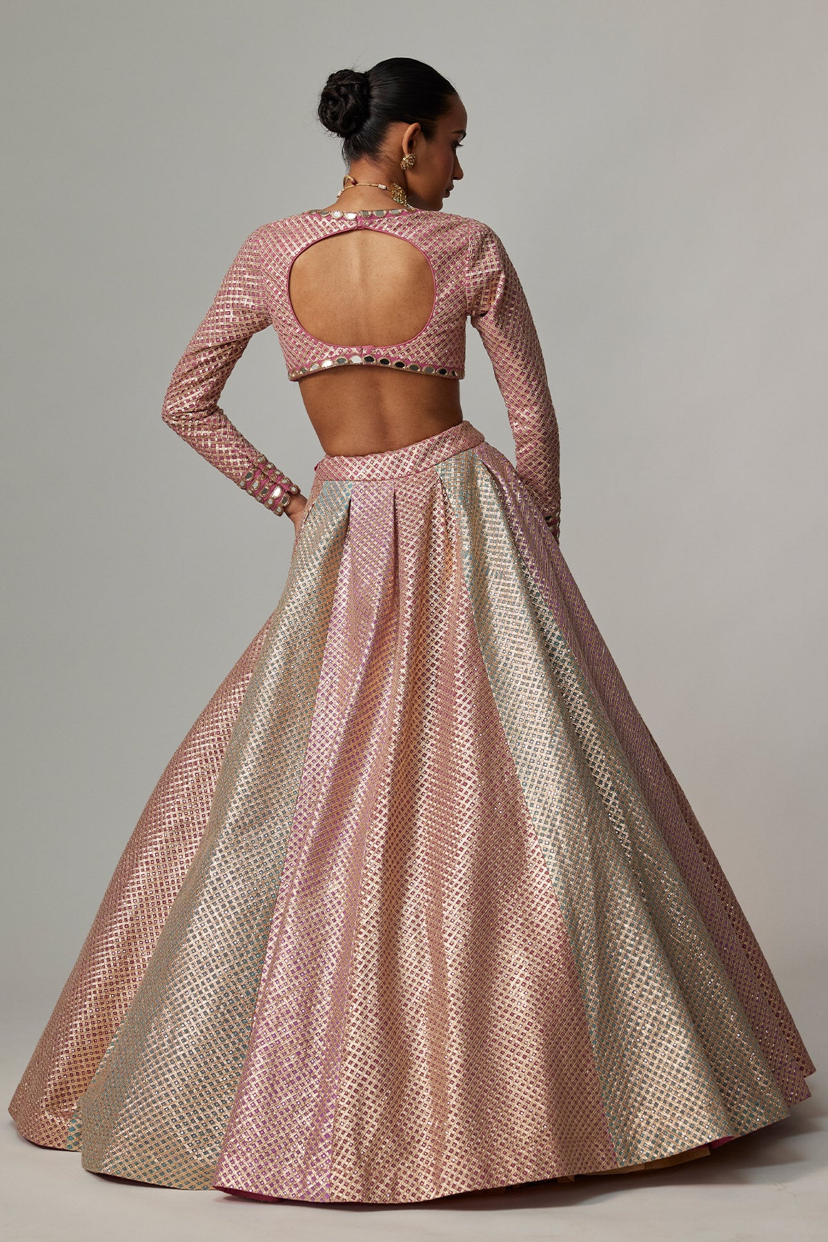 Dark Blush Multicolor Metallic Gota Crop Top Skirt With Aqua Dupatta