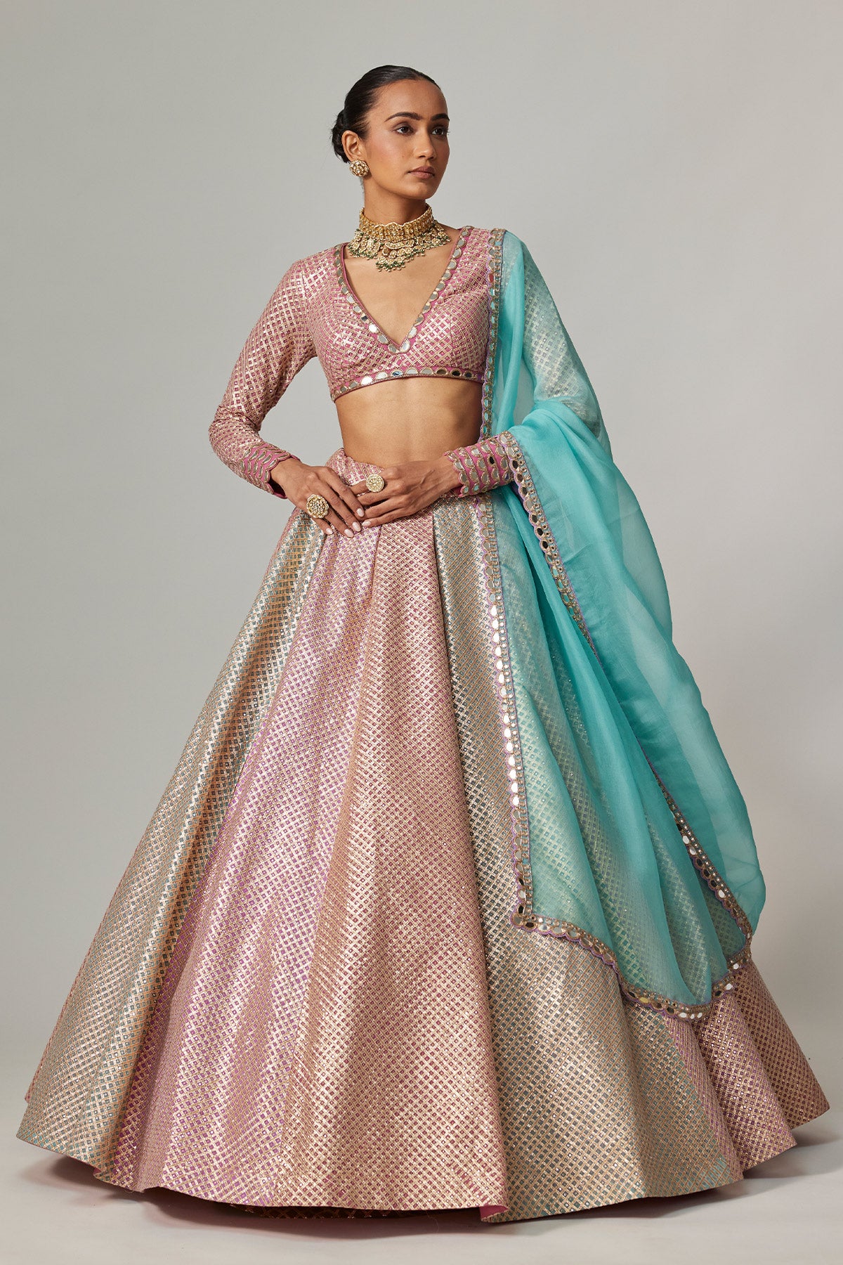 Dark Blush Multicolor Metallic Gota Crop Top Skirt With Aqua Dupatta