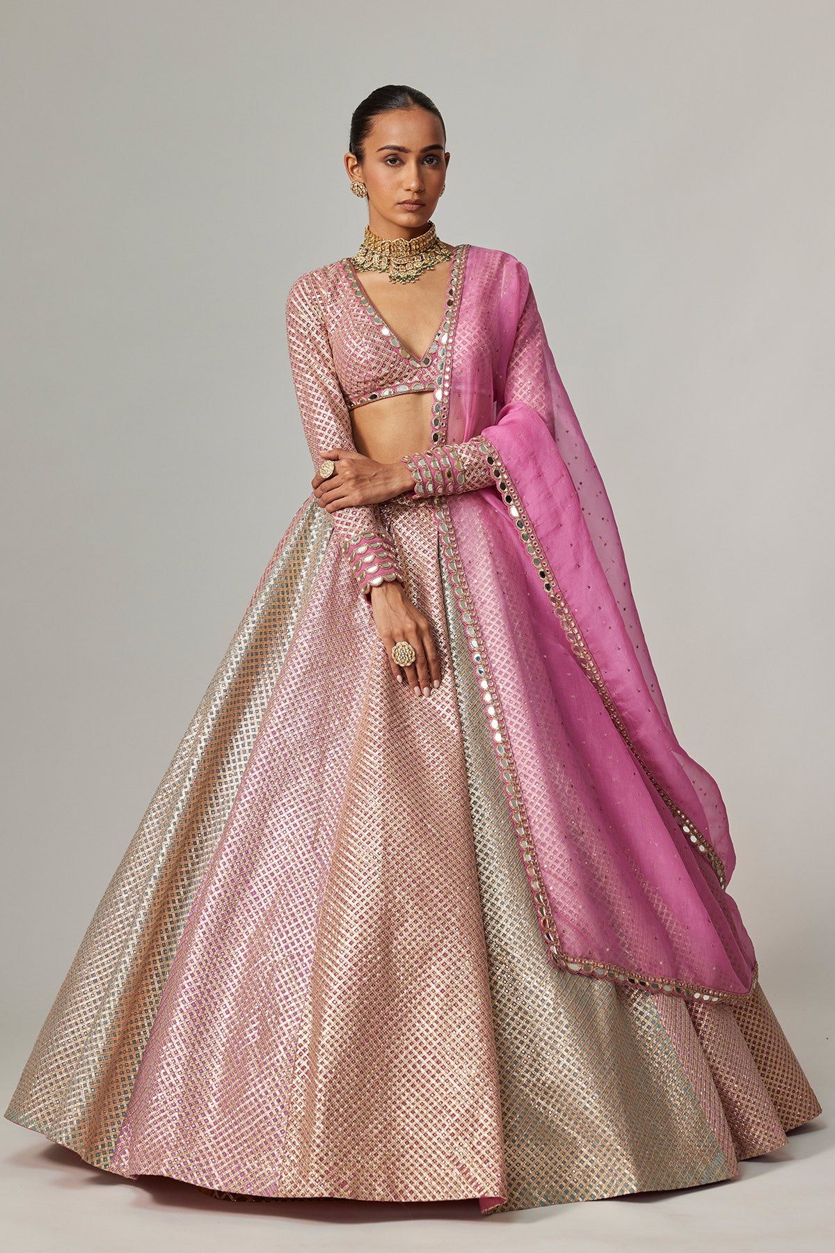 Dark Blush Multicolor Metallic Gota Crop Top Skirt With Dark Blush Dupatta