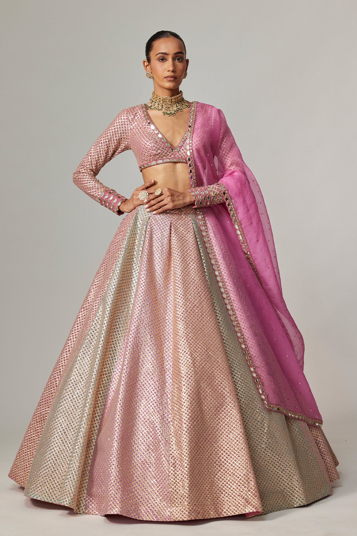 Dark Blush Multicolor Metallic Gota Crop Top Skirt With Dark Blush Dupatta