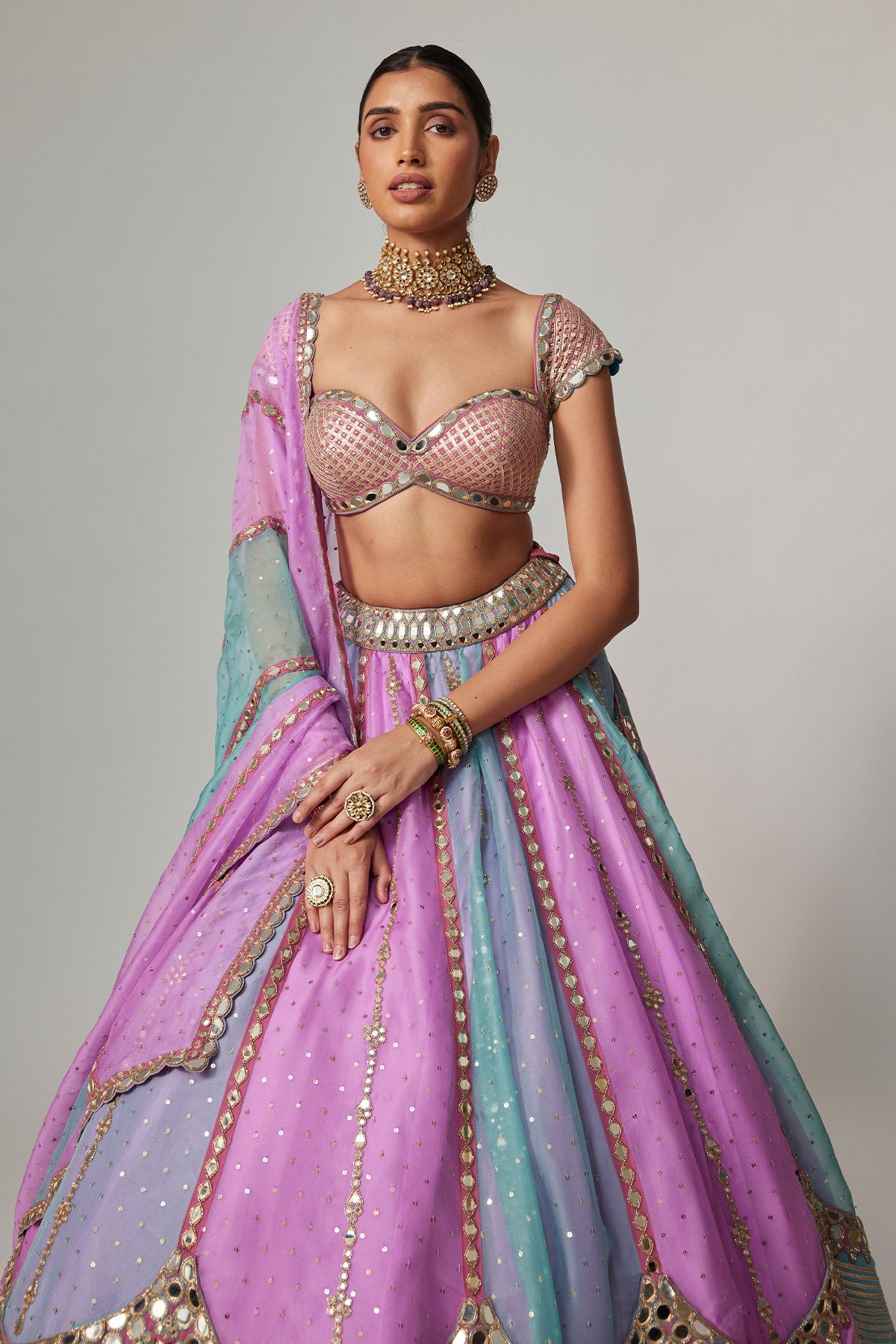 Mauve Multicolor Sequins Scatter Lehenga With Cap Sleeve Blouse