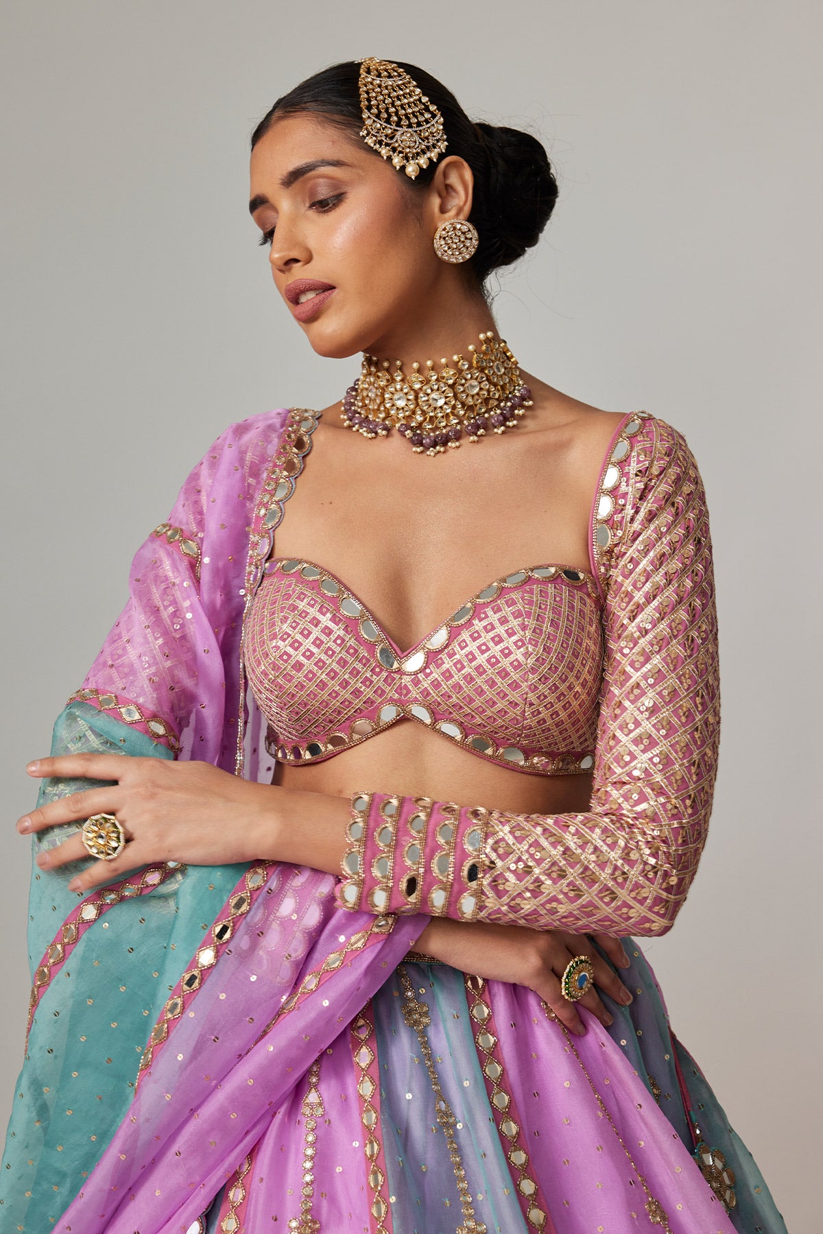 Mauve Multicolor Sequin Scattered Lehenga With Sweetheart Full Sleeve Blouse