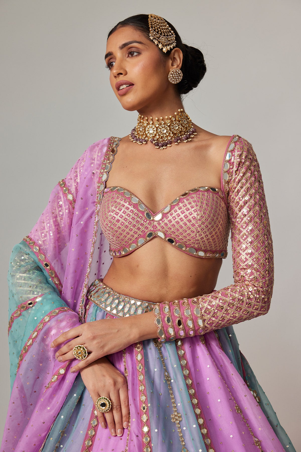 Mauve Multicolor Sequin Scattered Lehenga With Sweetheart Full Sleeve Blouse