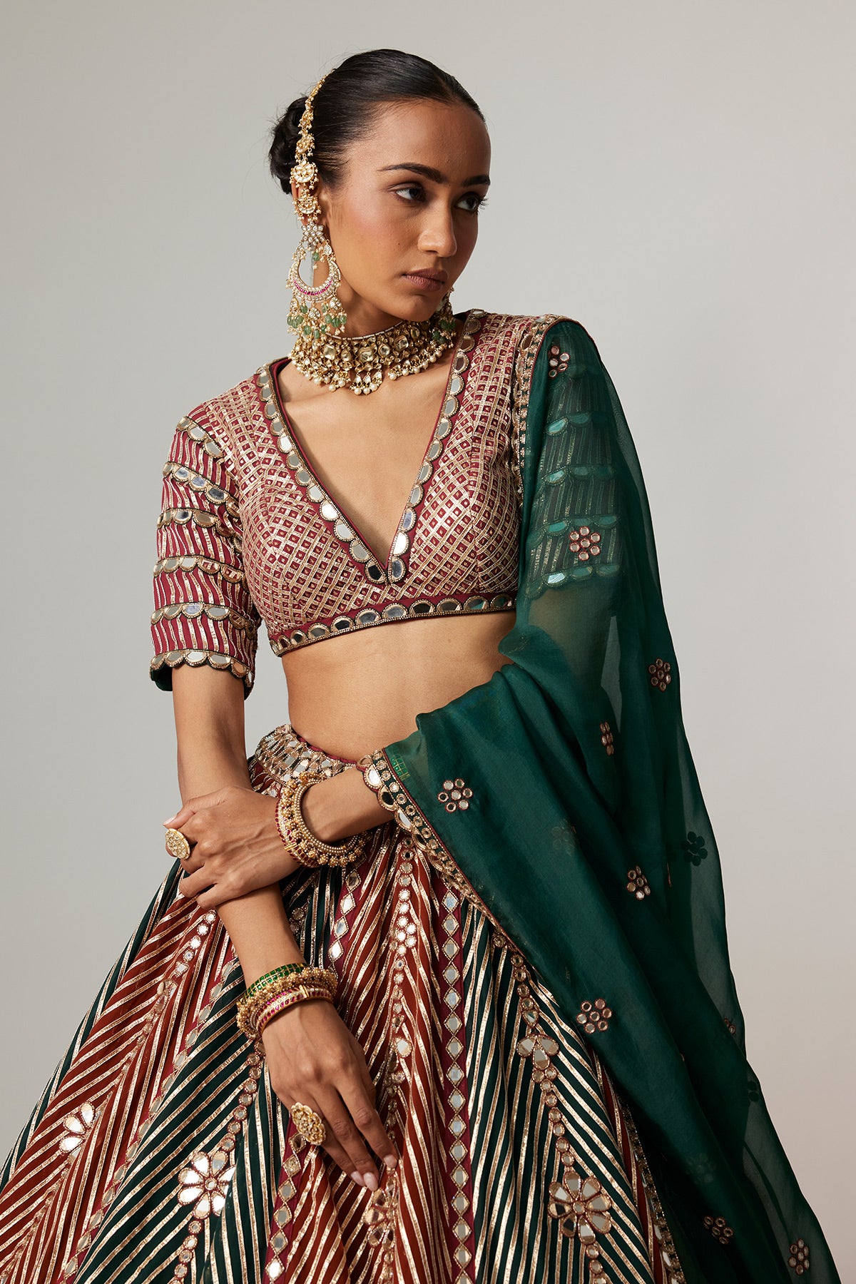 Cranberry Multicolor Linear Flower Lehenga Set With Jade Green Dupatta