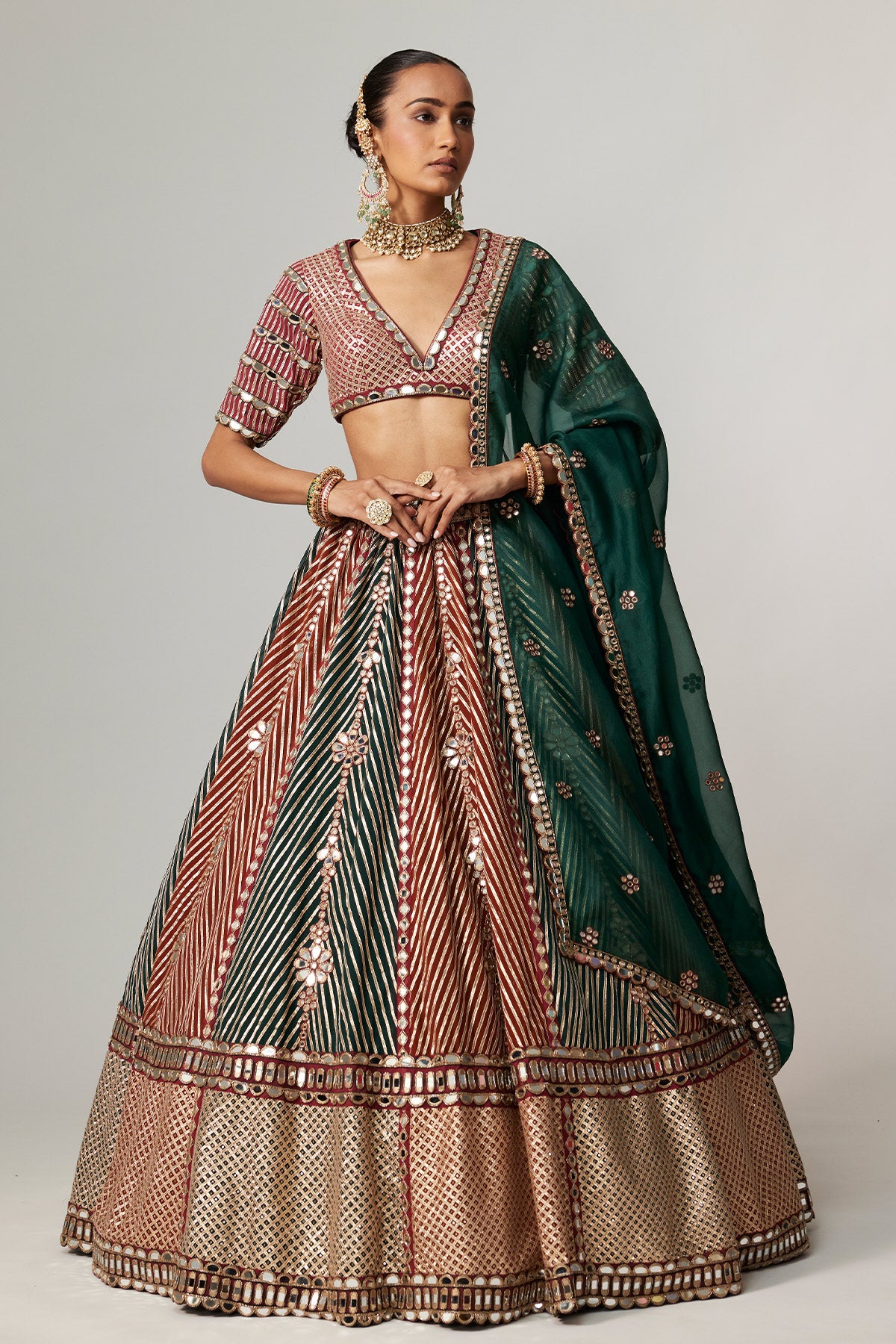 Cranberry Multicolor Linear Flower Lehenga Set With Jade Green Dupatta