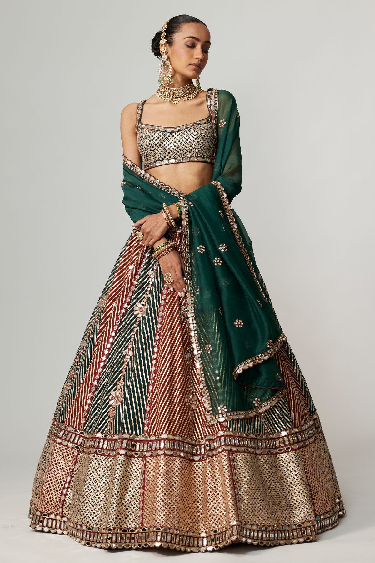 Cranberry Multicolor Linear Flower Lehenga Set With Square Neck Blouse
