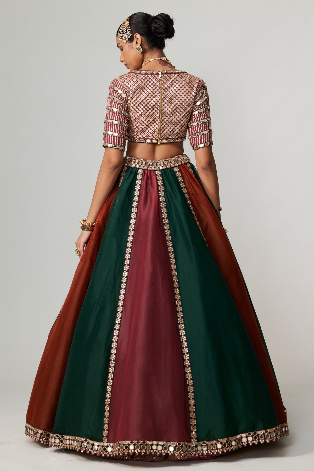 Cranberry Multicolor Linear Lehenga With V Neck Blouse