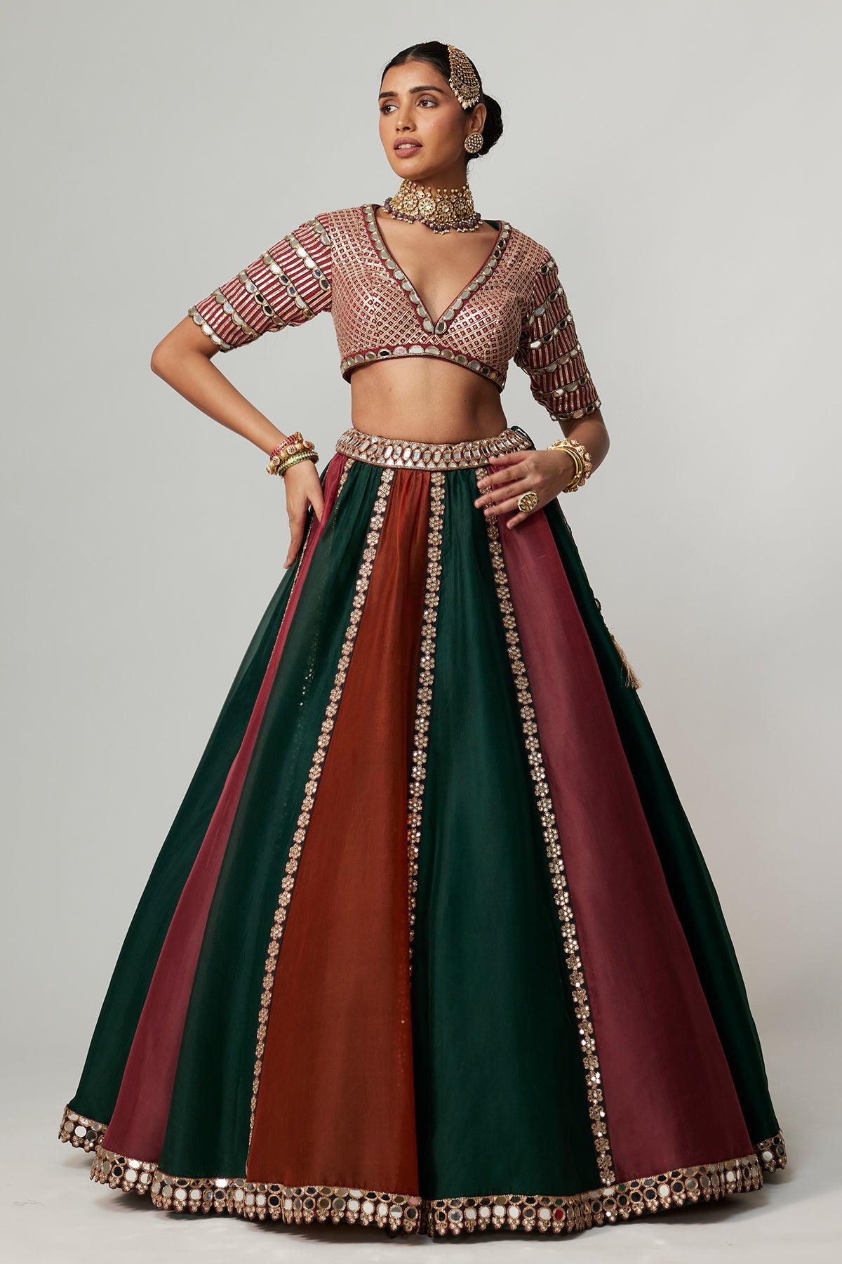 Cranberry Multicolor Linear Lehenga With V Neck Blouse