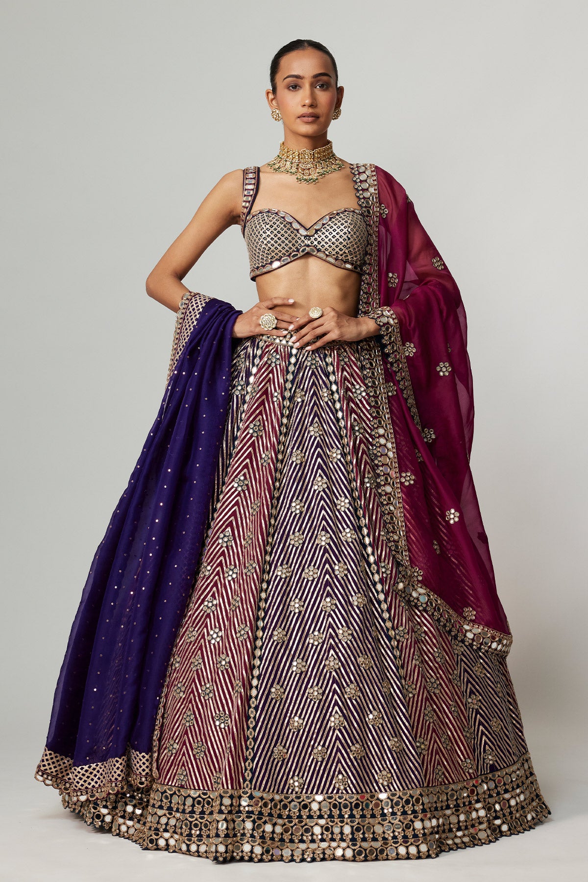 Teal Wine Multicolor Lehenga Set With Double Dupatta