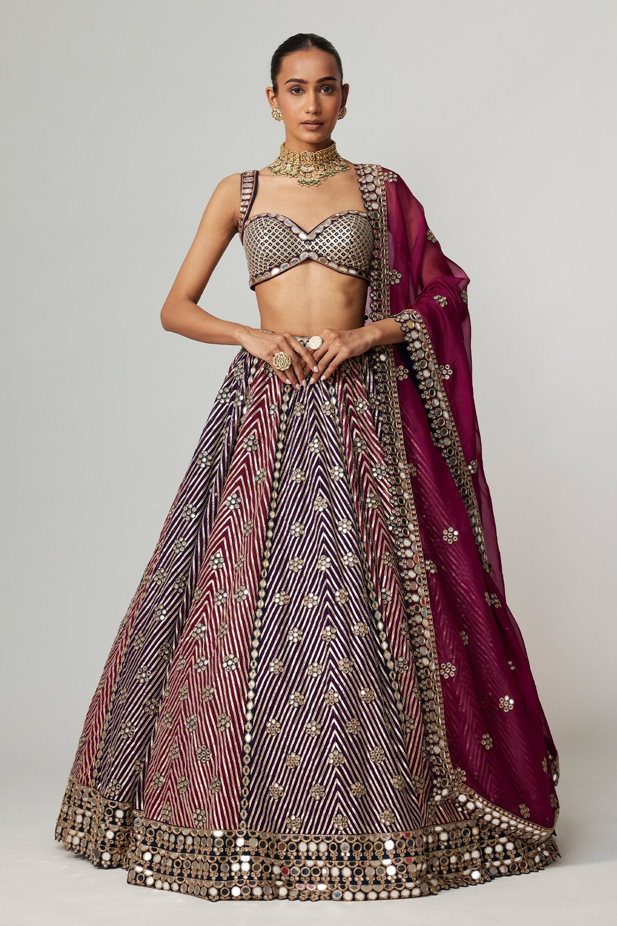 Teal Wine Multicolor Lehenga Set With Wine Dupatta