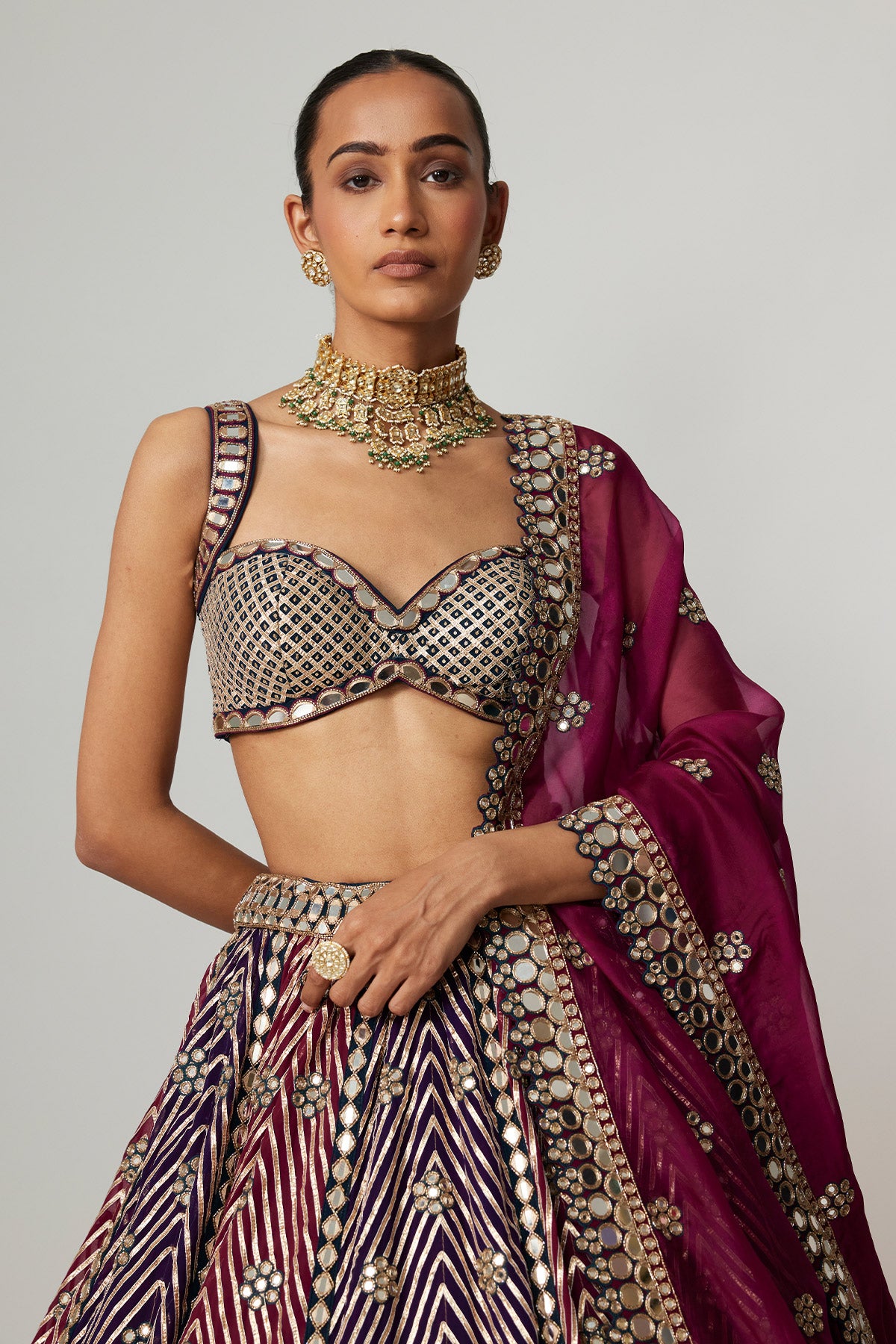Teal Wine Multicolor Lehenga Set With Wine Dupatta