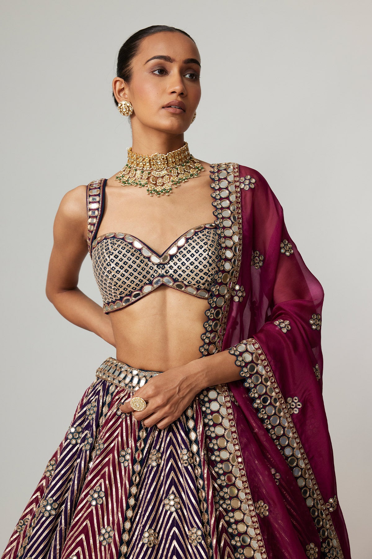 Teal Wine Multicolor Lehenga Set With Wine Dupatta