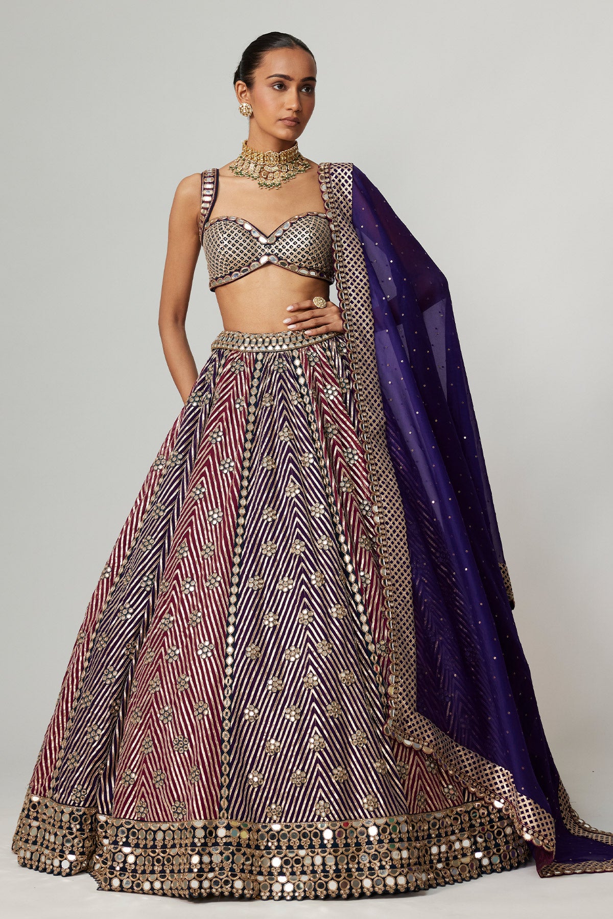 Teal Wine Multicolor Lehenga Set With Dark Purple Dupatta