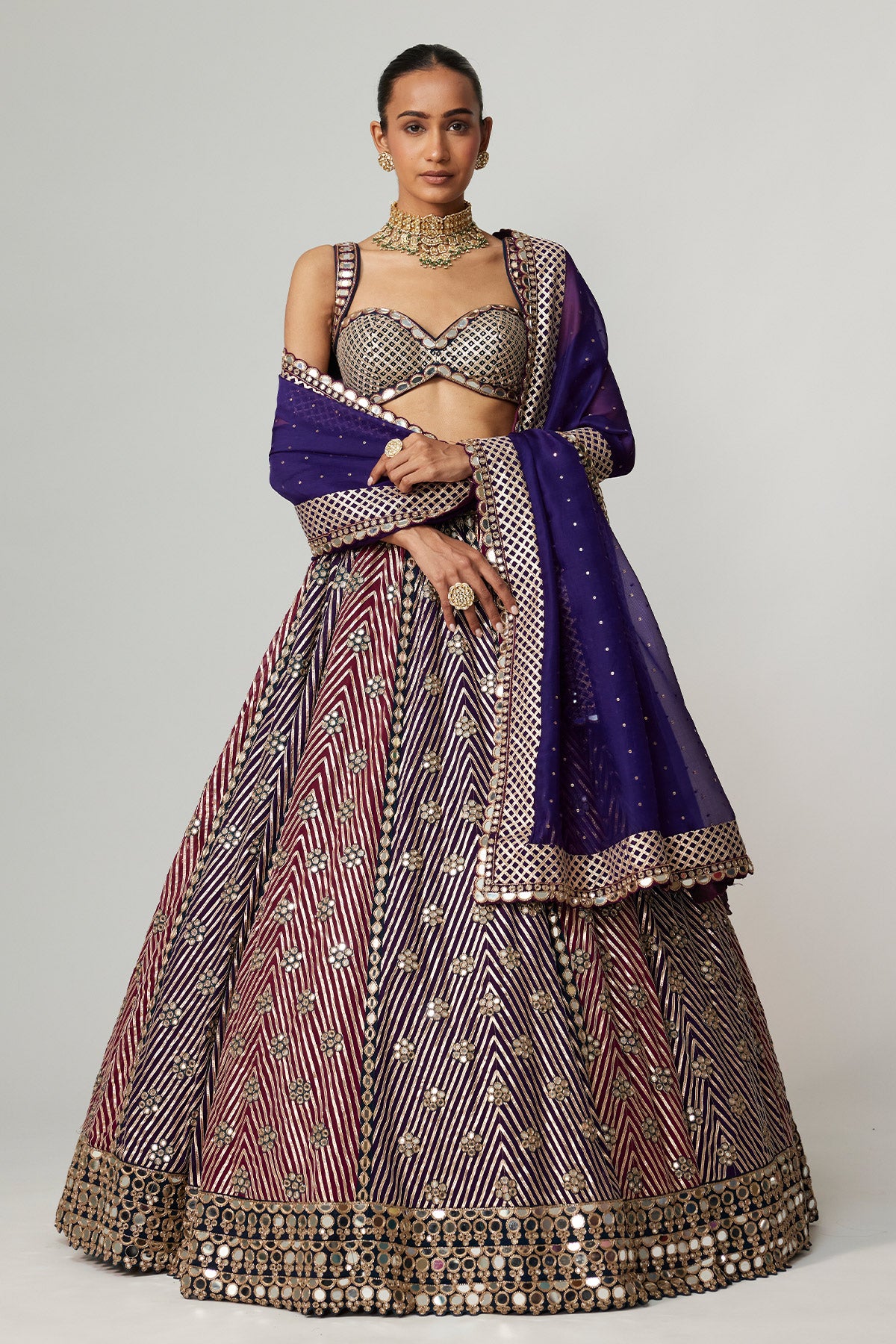 Teal Wine Multicolor Lehenga Set With Dark Purple Dupatta