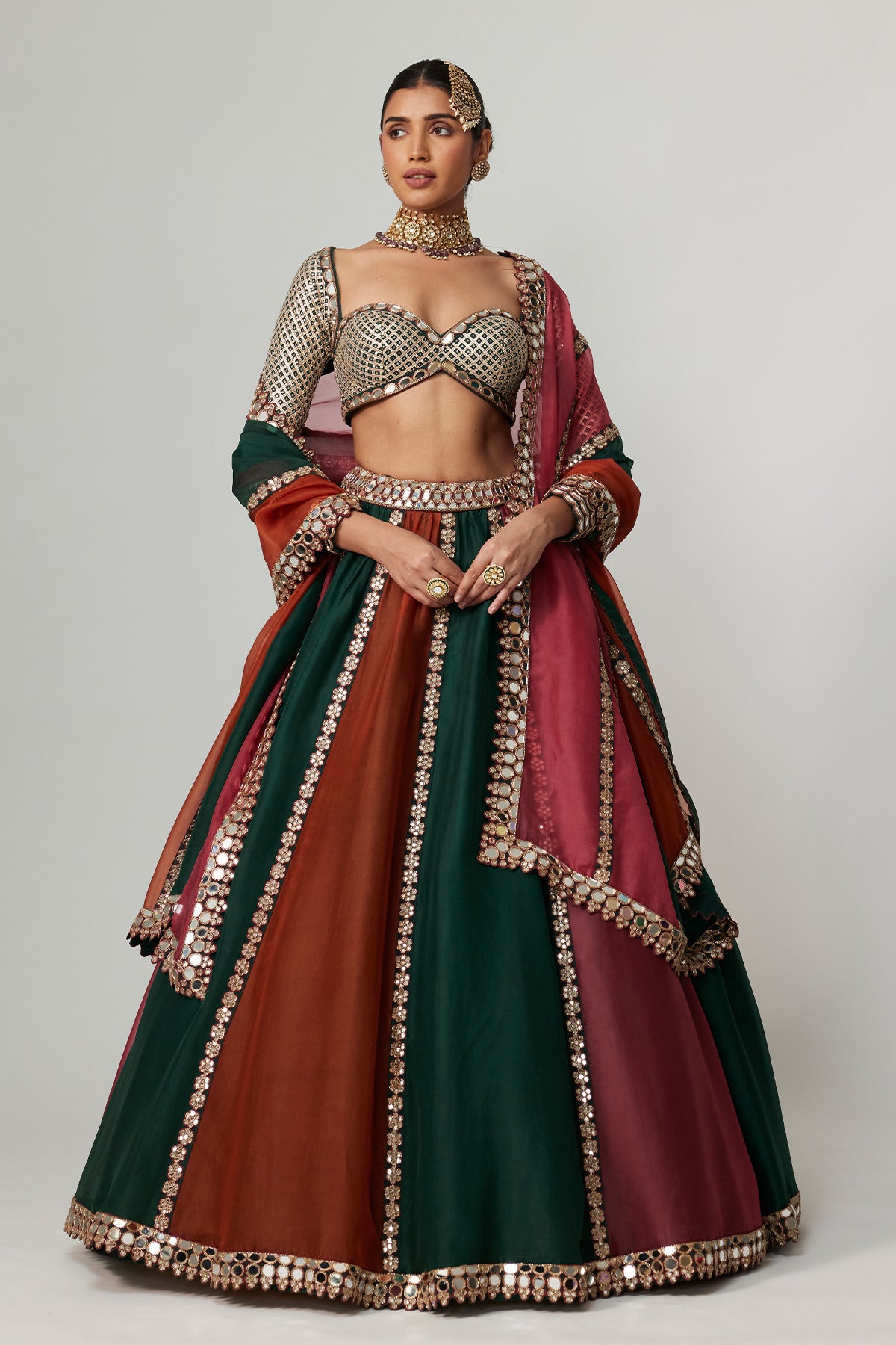 Cranberry Multicolor Linear Lehenga With Sweetheart Full Sleeve Blouse.