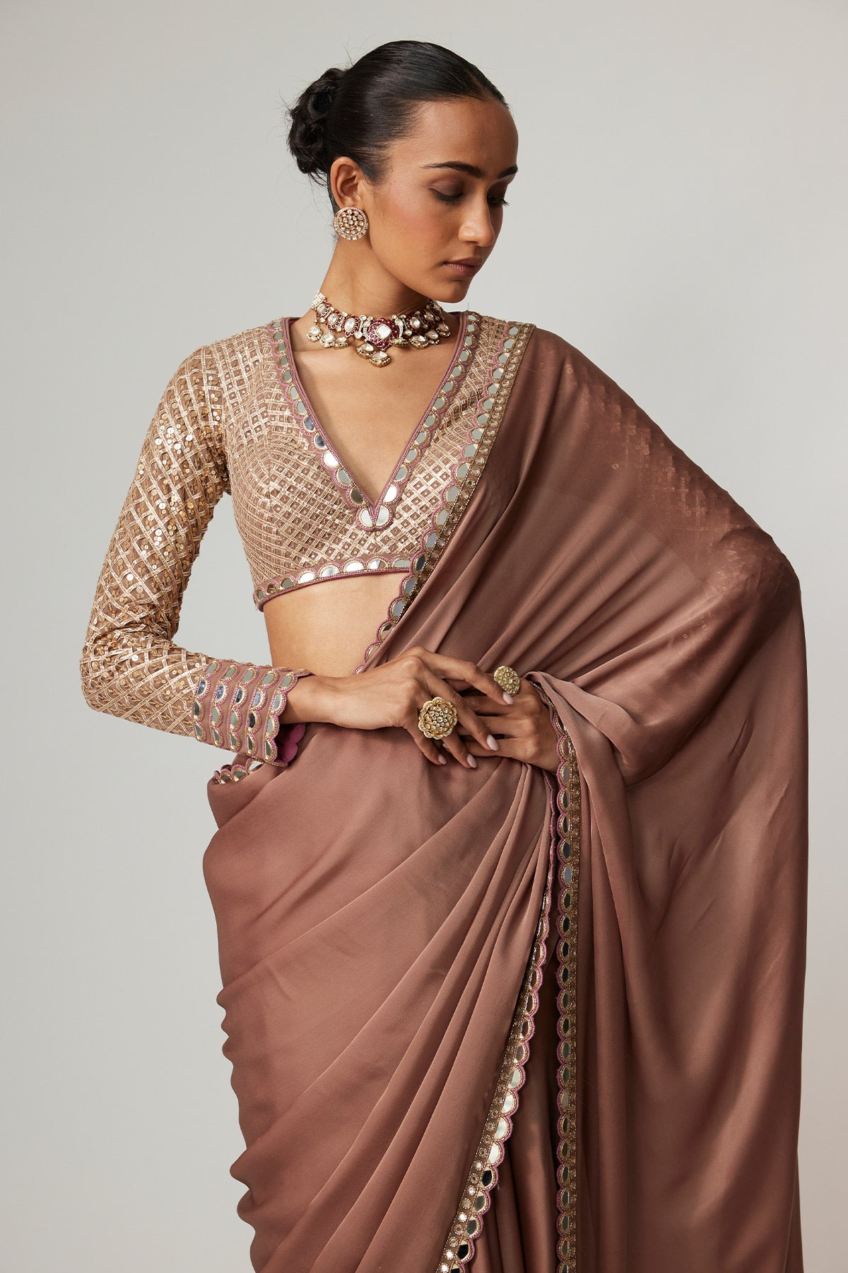 Deep Beige Satin Saree Set