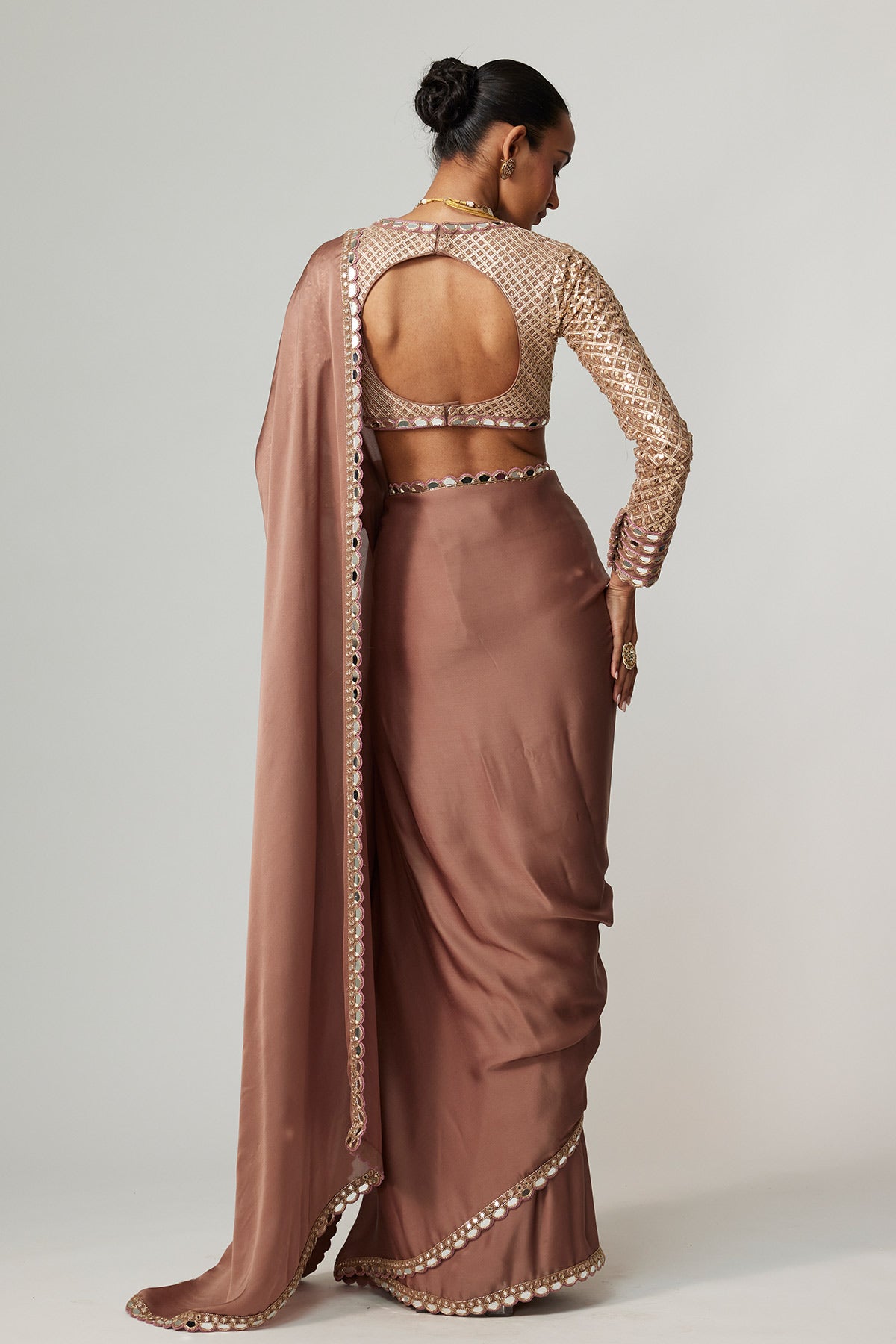 Deep Beige Satin Saree Set