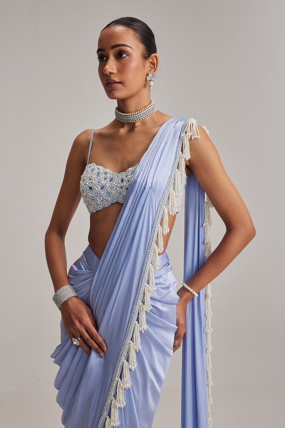 Dew Blue Satin Draped Saree Set