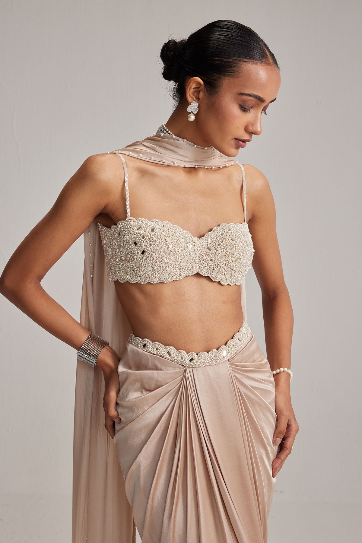 Light Beige Satin draped skirt set