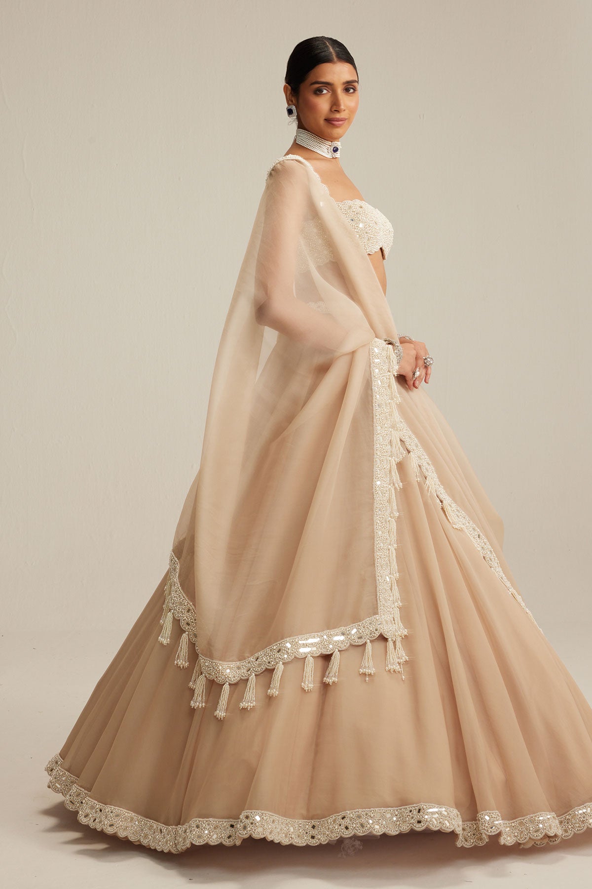 Ash Pink Pearl Drop Organza Lehenga Set