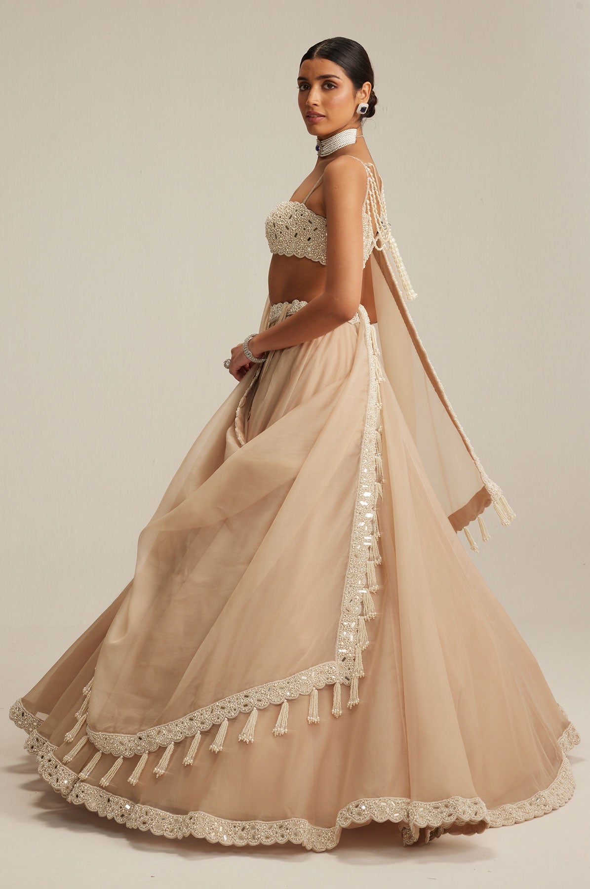 Ash Pink Pearl Drop Organza Lehenga Set