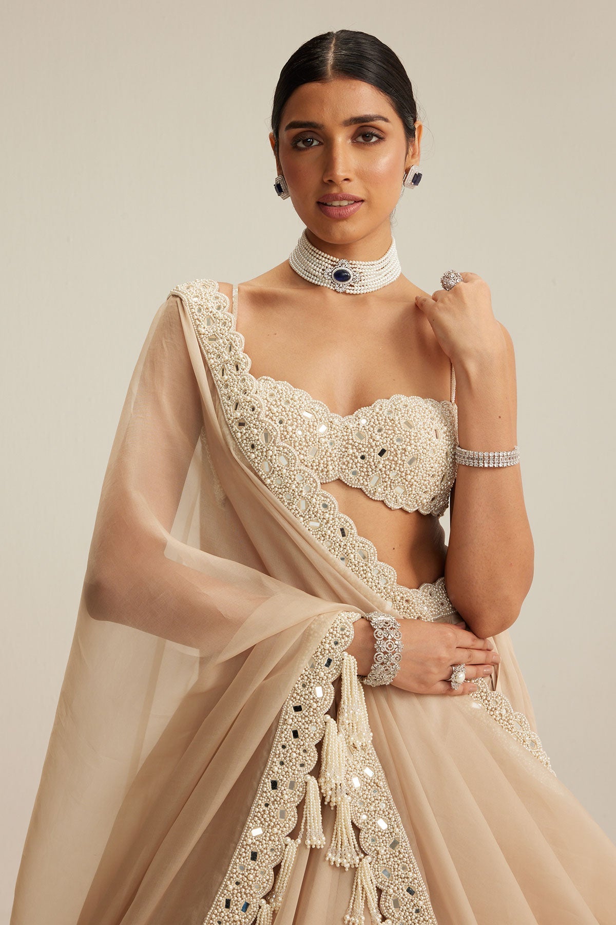 Light Beige Organza mirror and pearl lehenga set