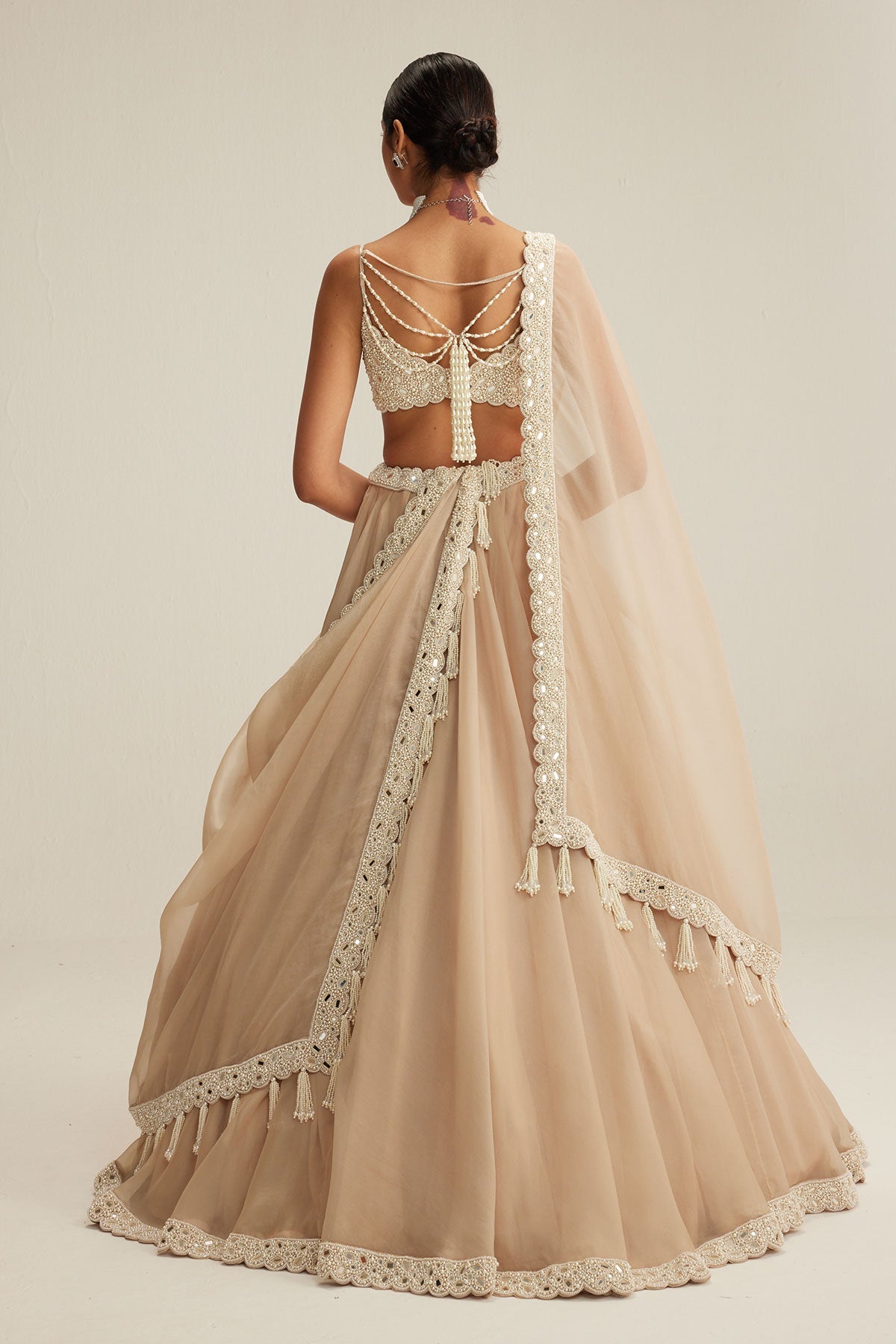 Ash Pink Pearl Drop Organza Lehenga Set