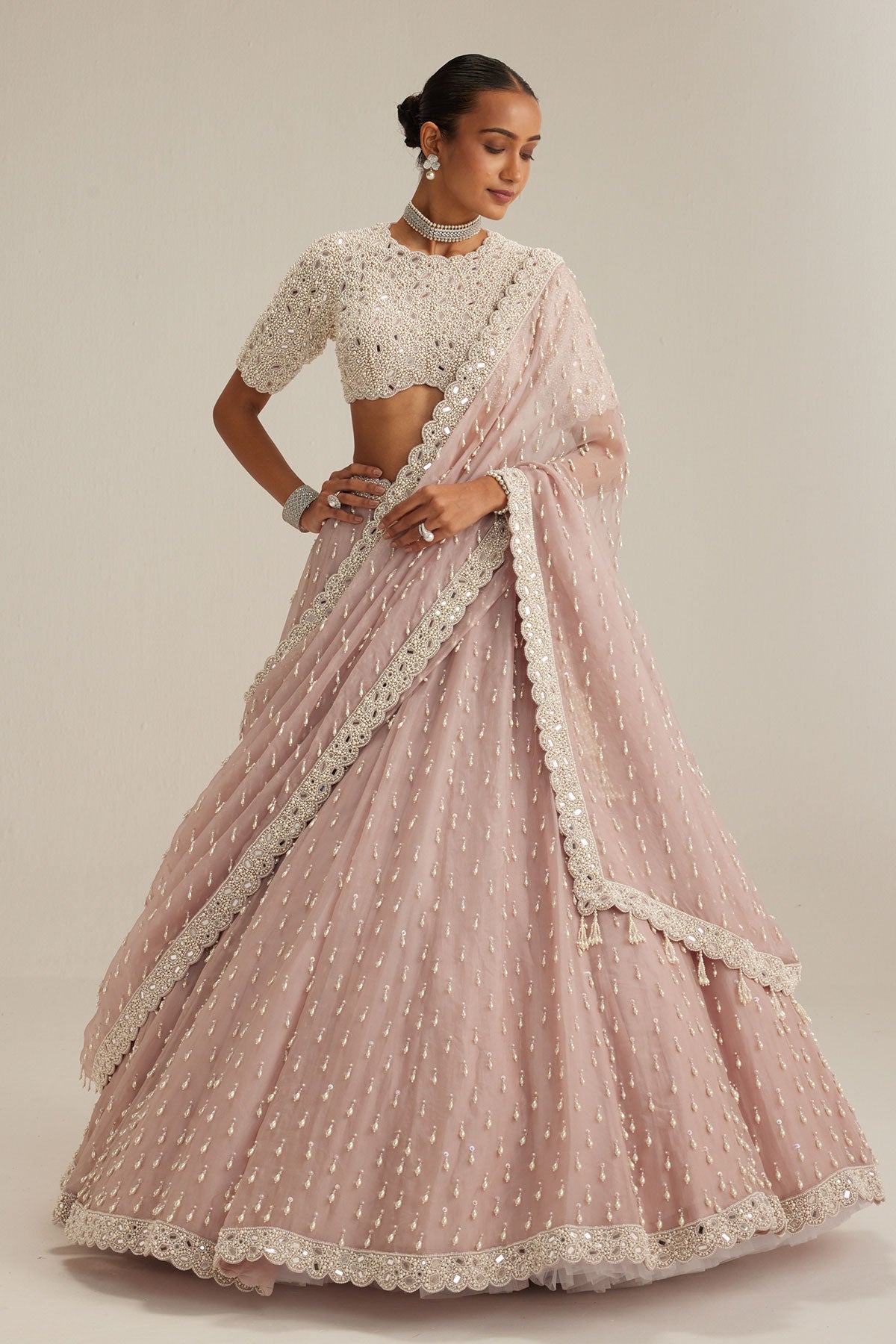Ash Pink Pearl Drop Lehenga with high neck blouse