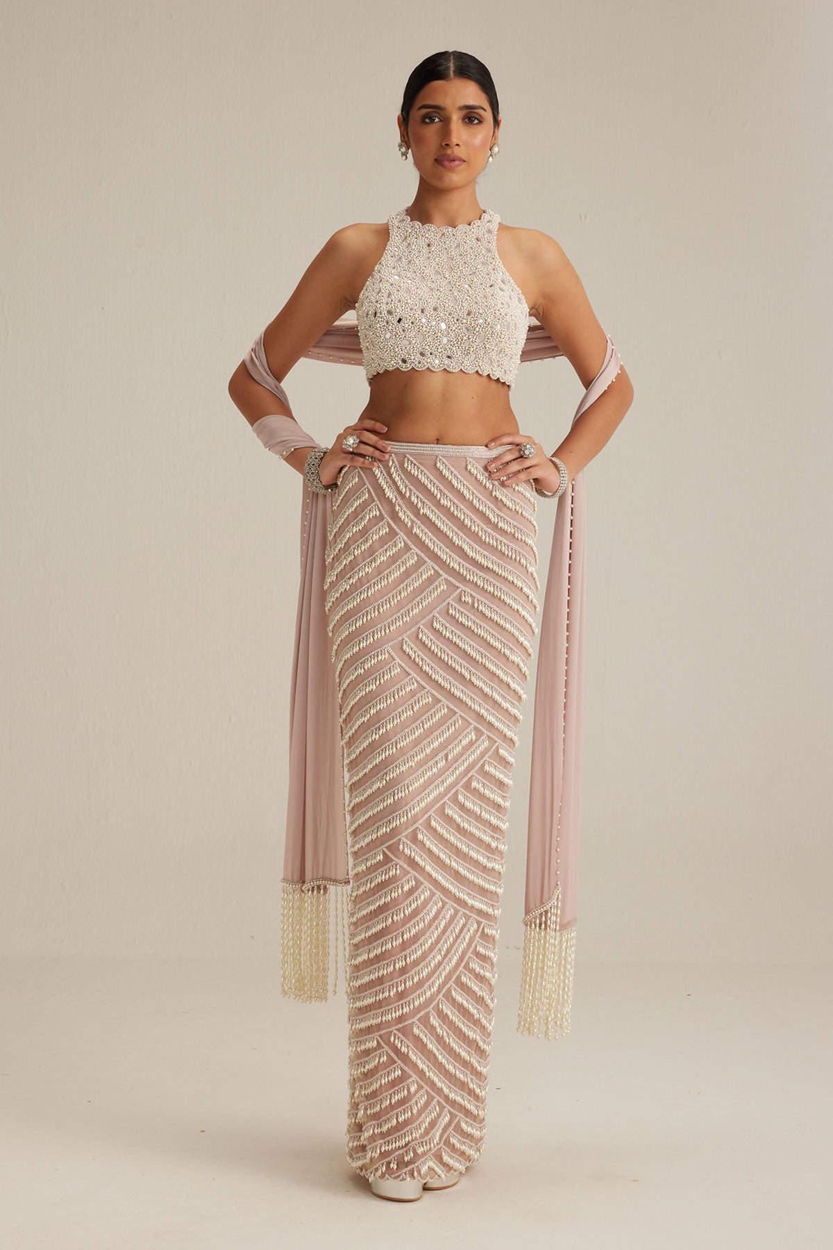Ash Pink Pearl Drop Pencil Skirt Set
