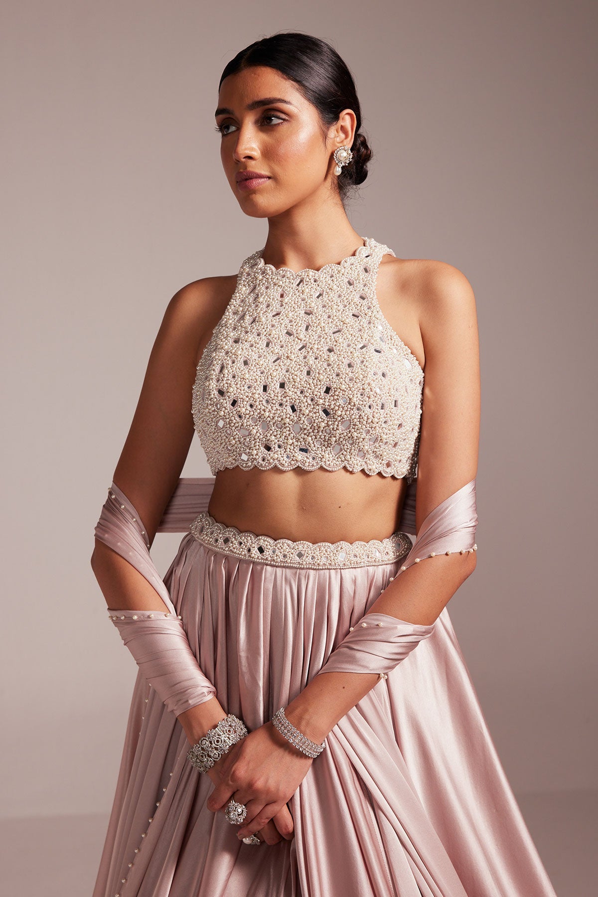 Ash Pink Satin skirt Set