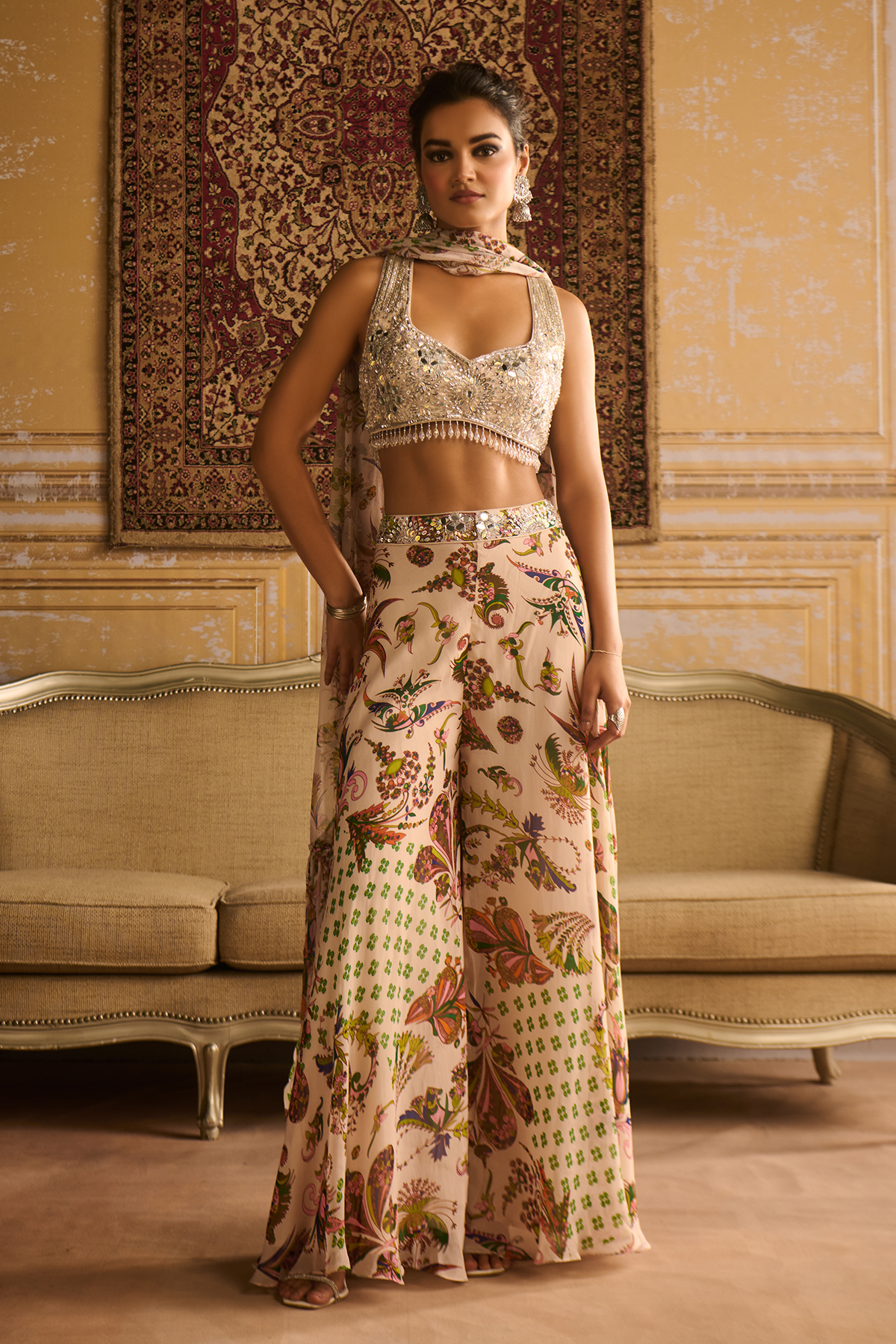 Green print & embroidered sharara set