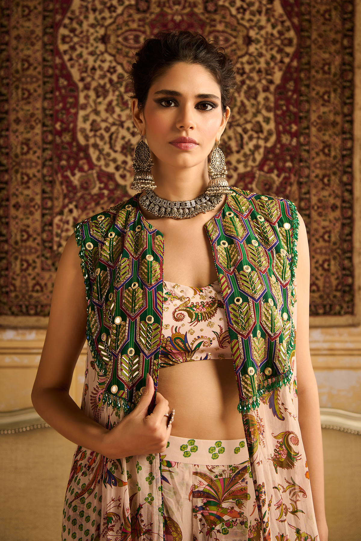 Green print & embroidered Cape set