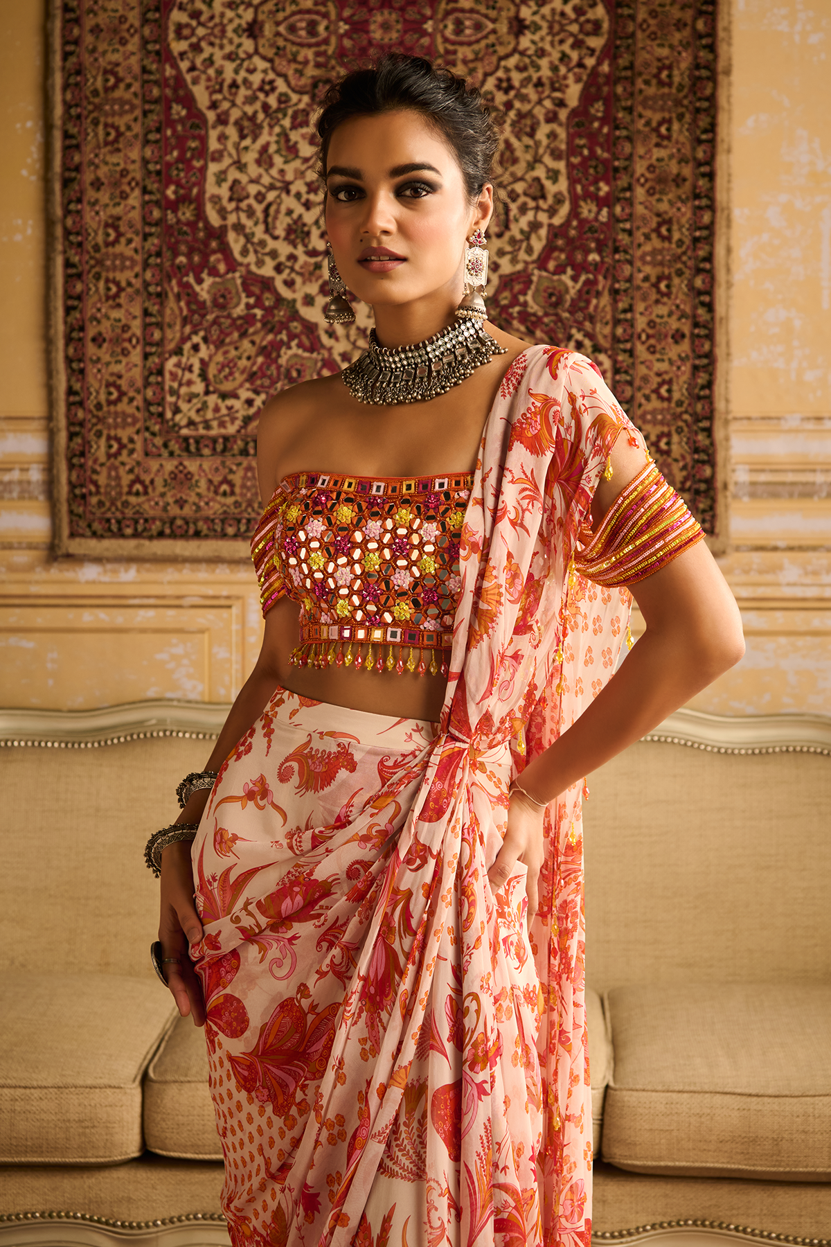 Mirror embroidered blouse and orange skirt saree set